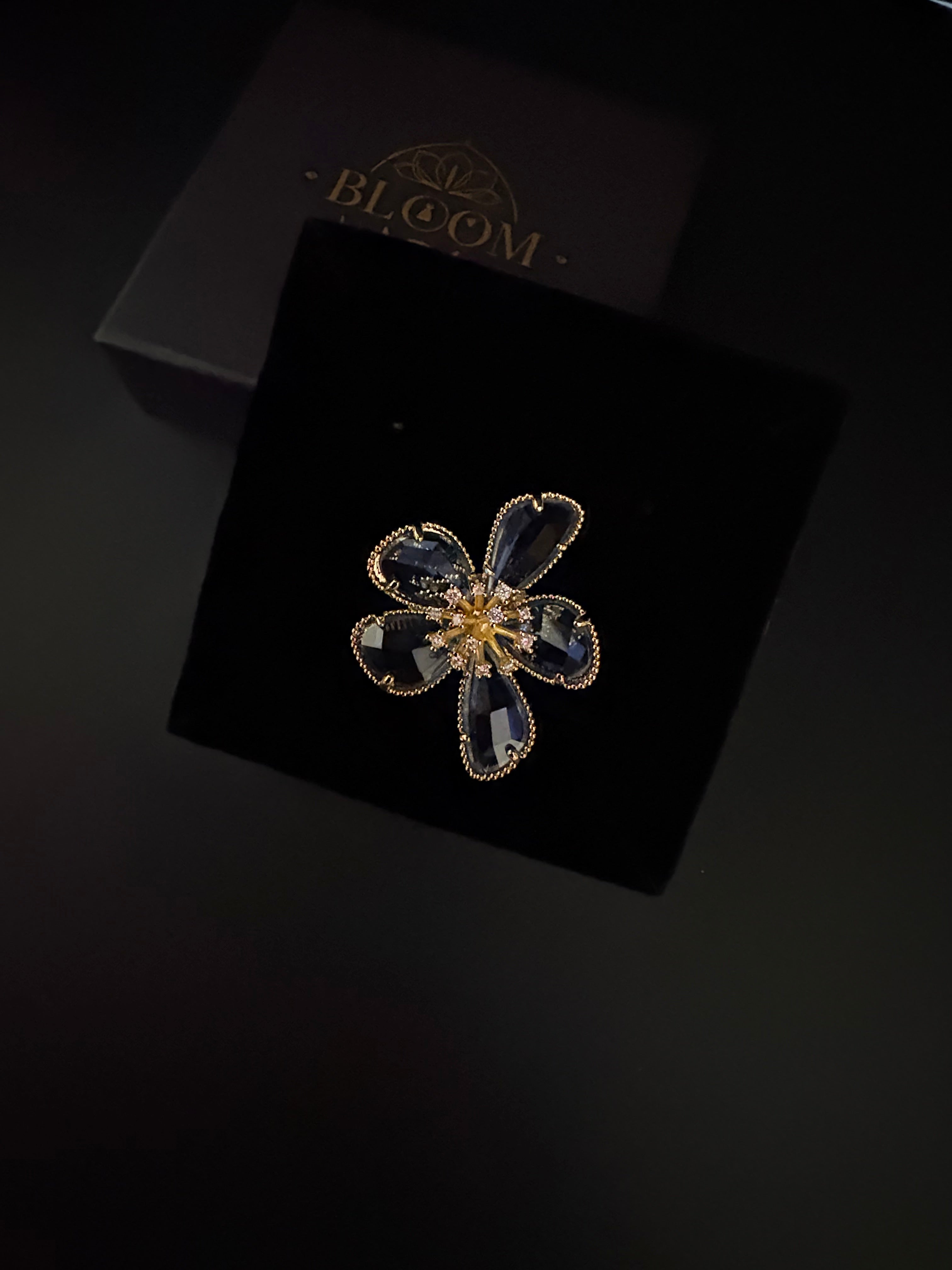 Midnight Bloom Blue Crystal Flower Ring