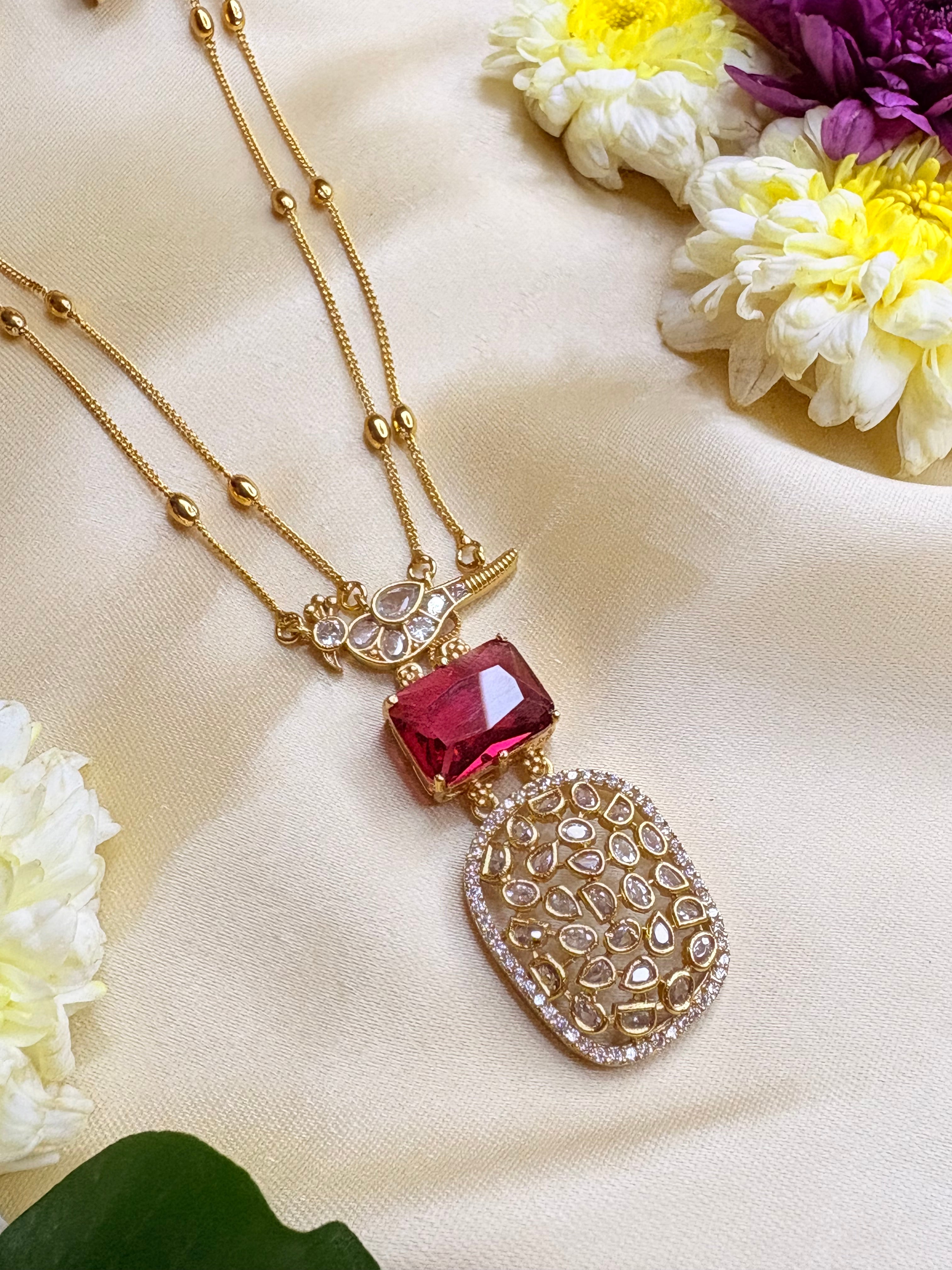 Stone Studded Long Double Chain Jewelry Set