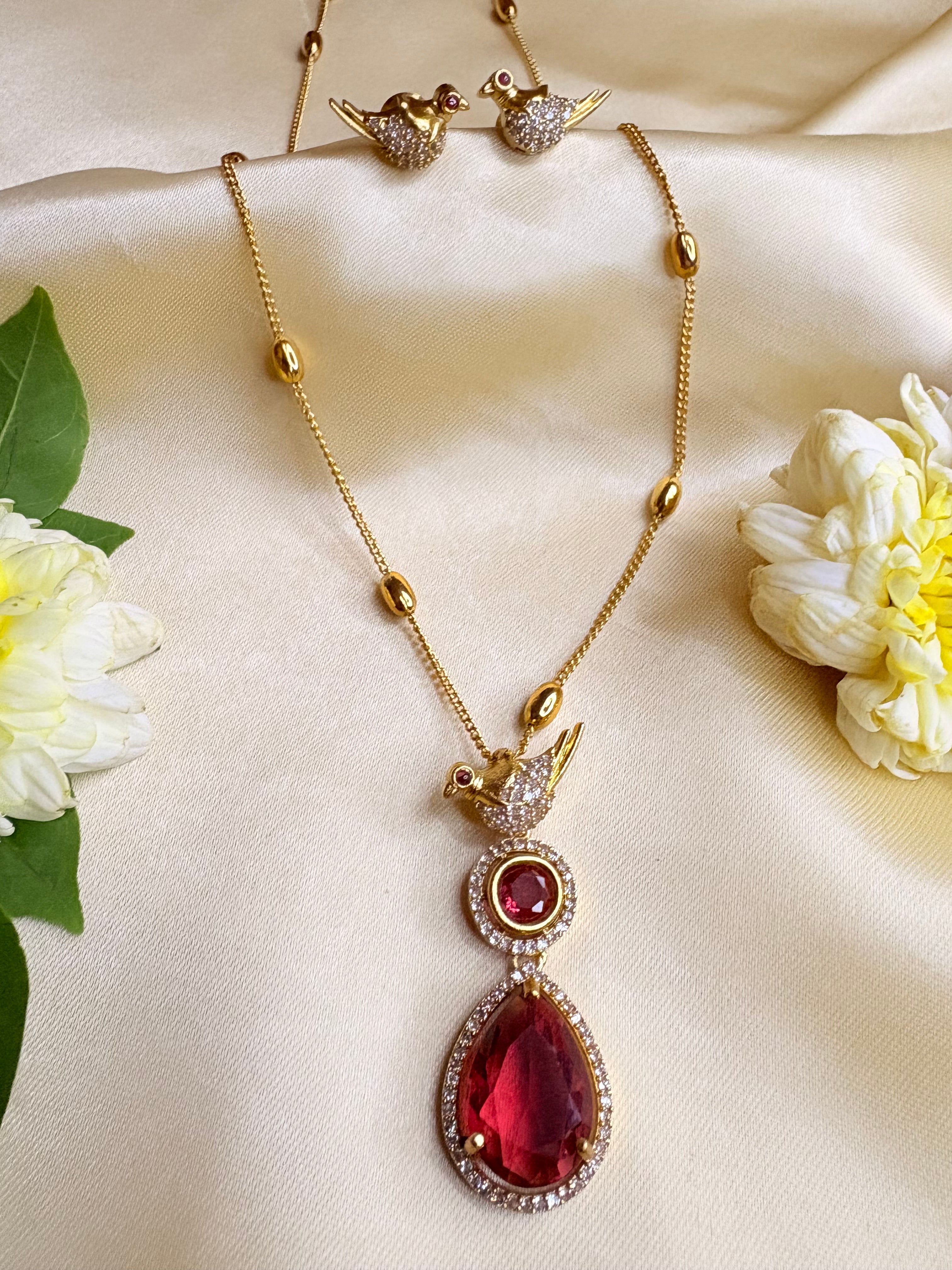 Long Chain Pendant Necklace with Bird Earrings