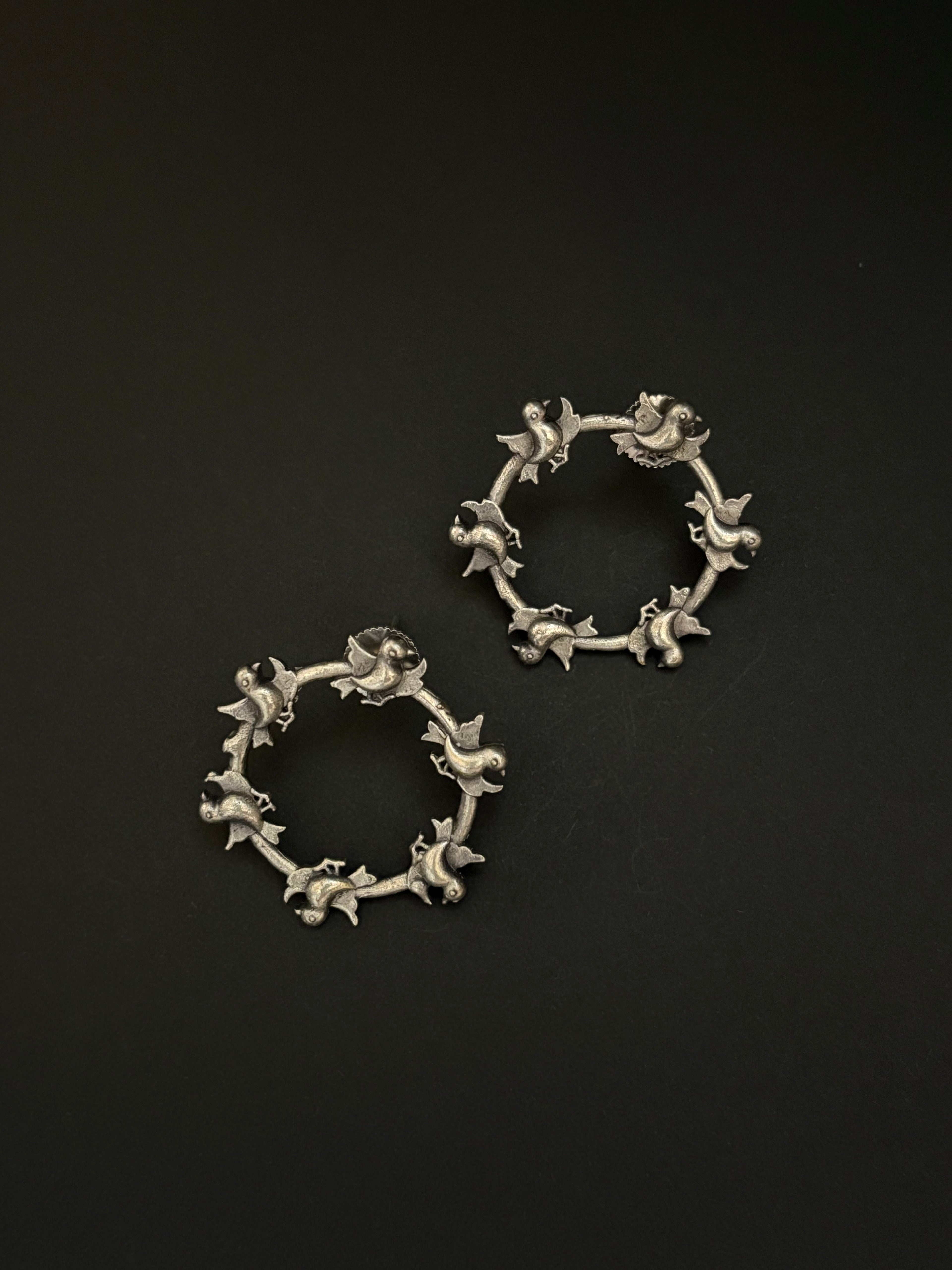 Silver Bell Bird Hoop Earrings