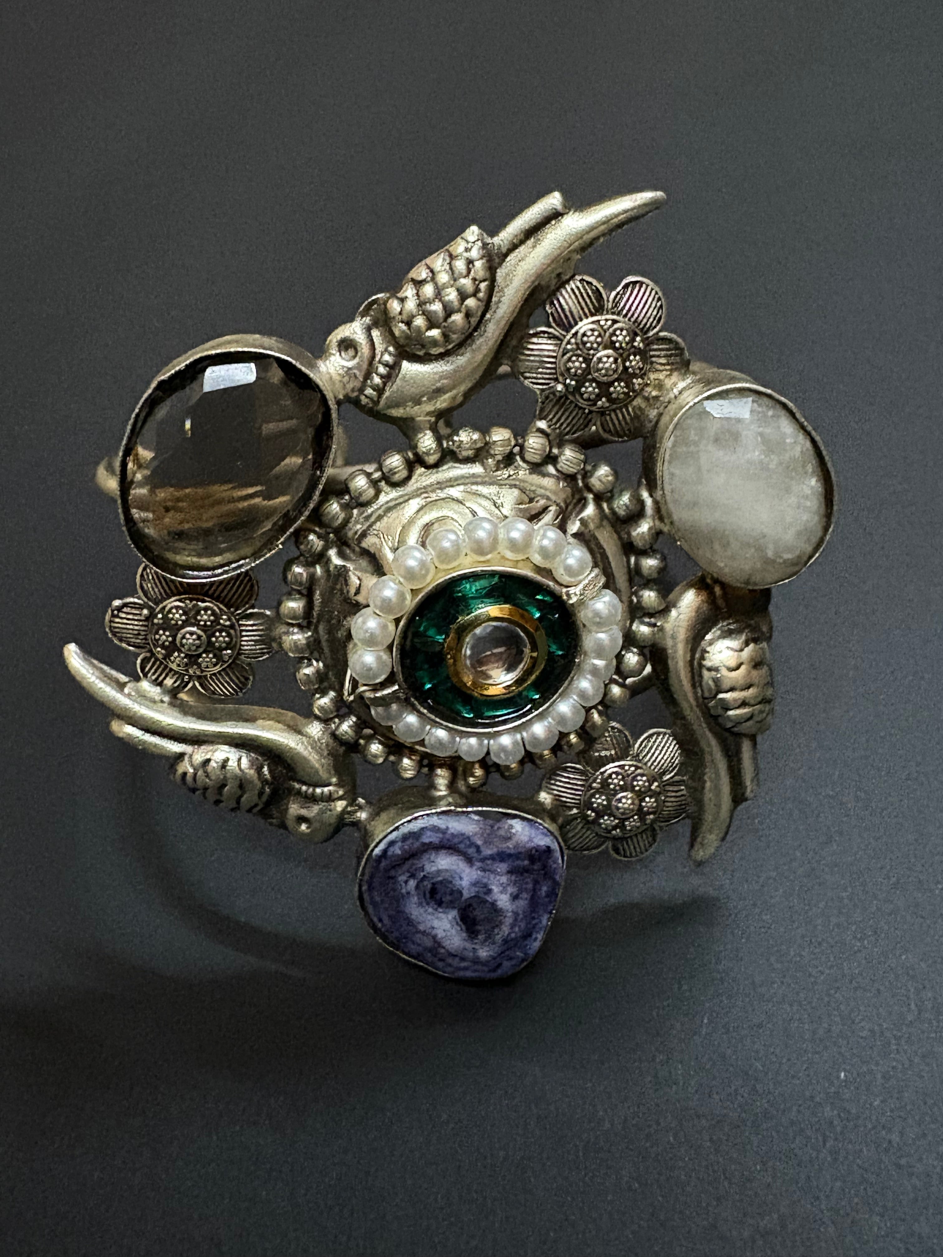 Handcrafted Silver Cuff with Gemstone & Bird Motif