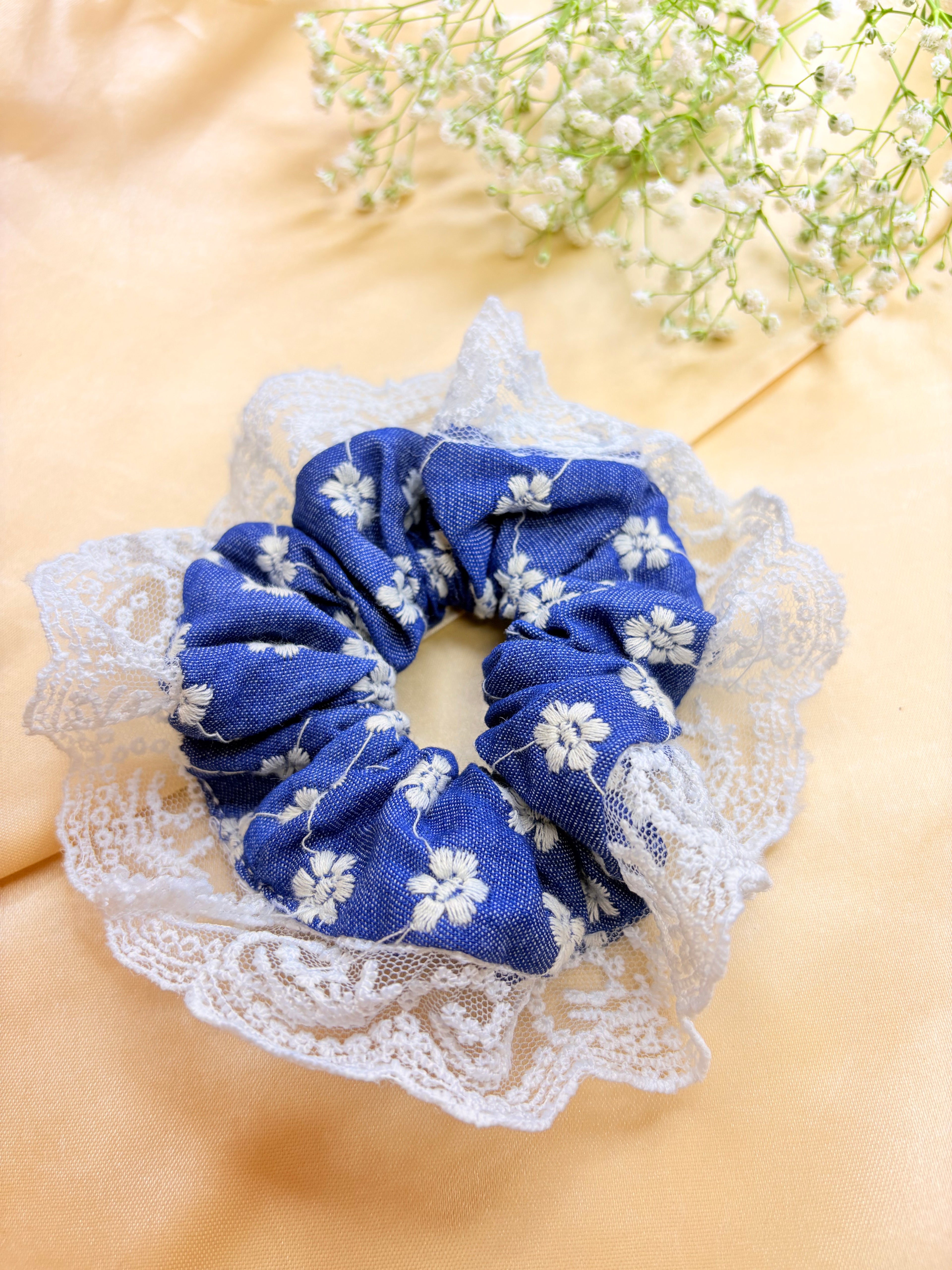 Denim Floral Lace Scrunchie