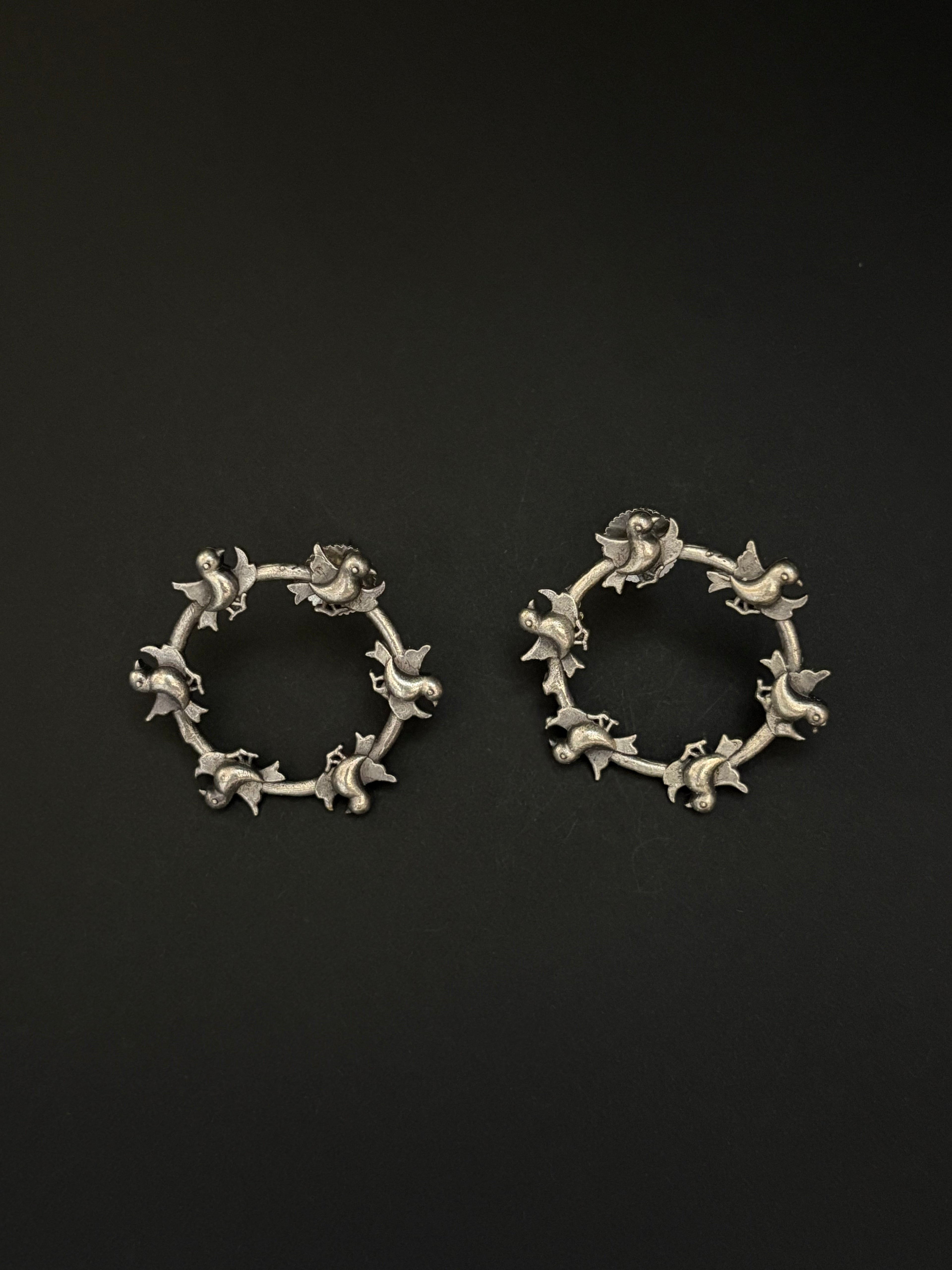 Silver Bell Bird Hoop Earrings