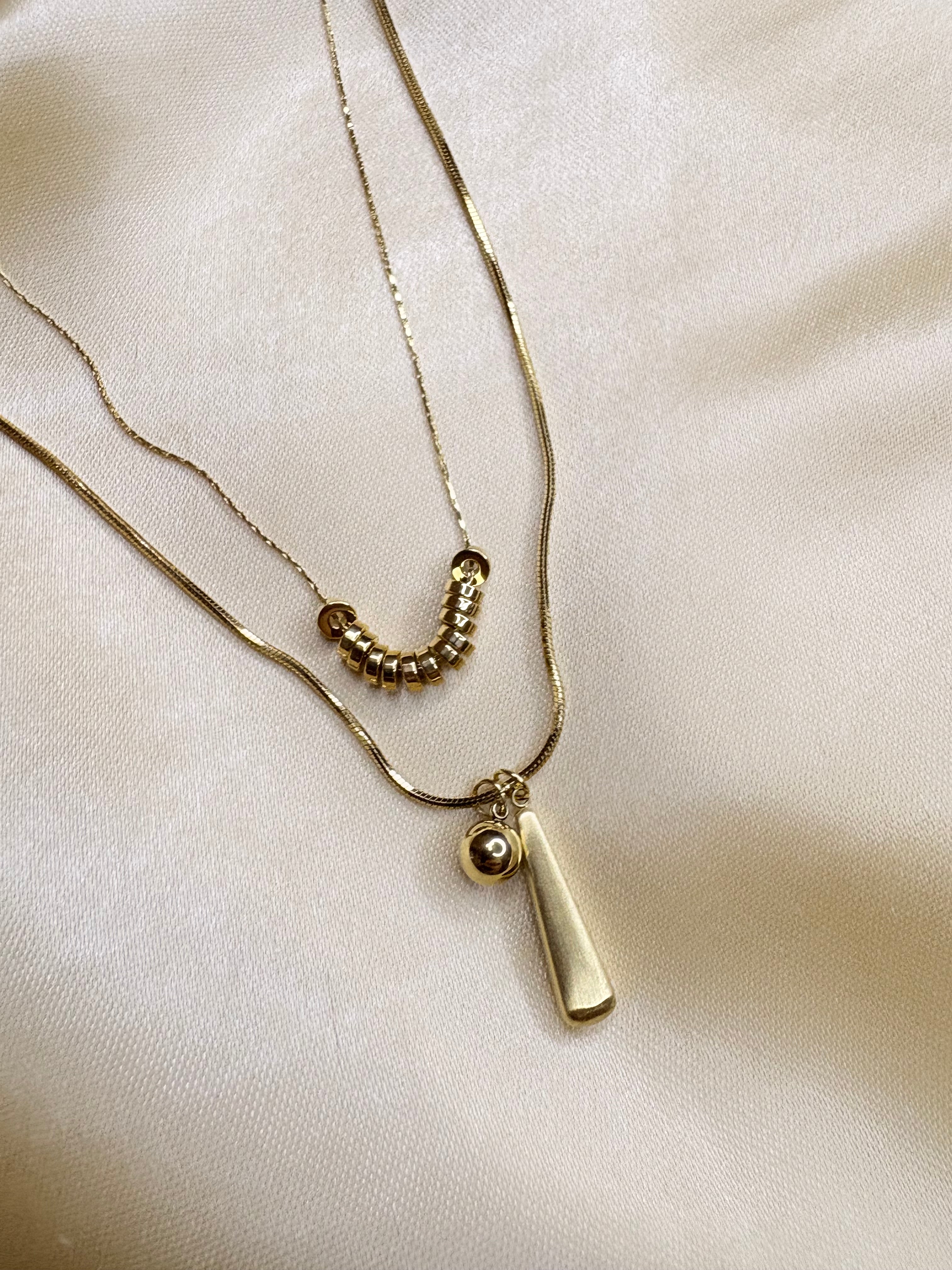 Gold Bead & Bar Pendant Necklace