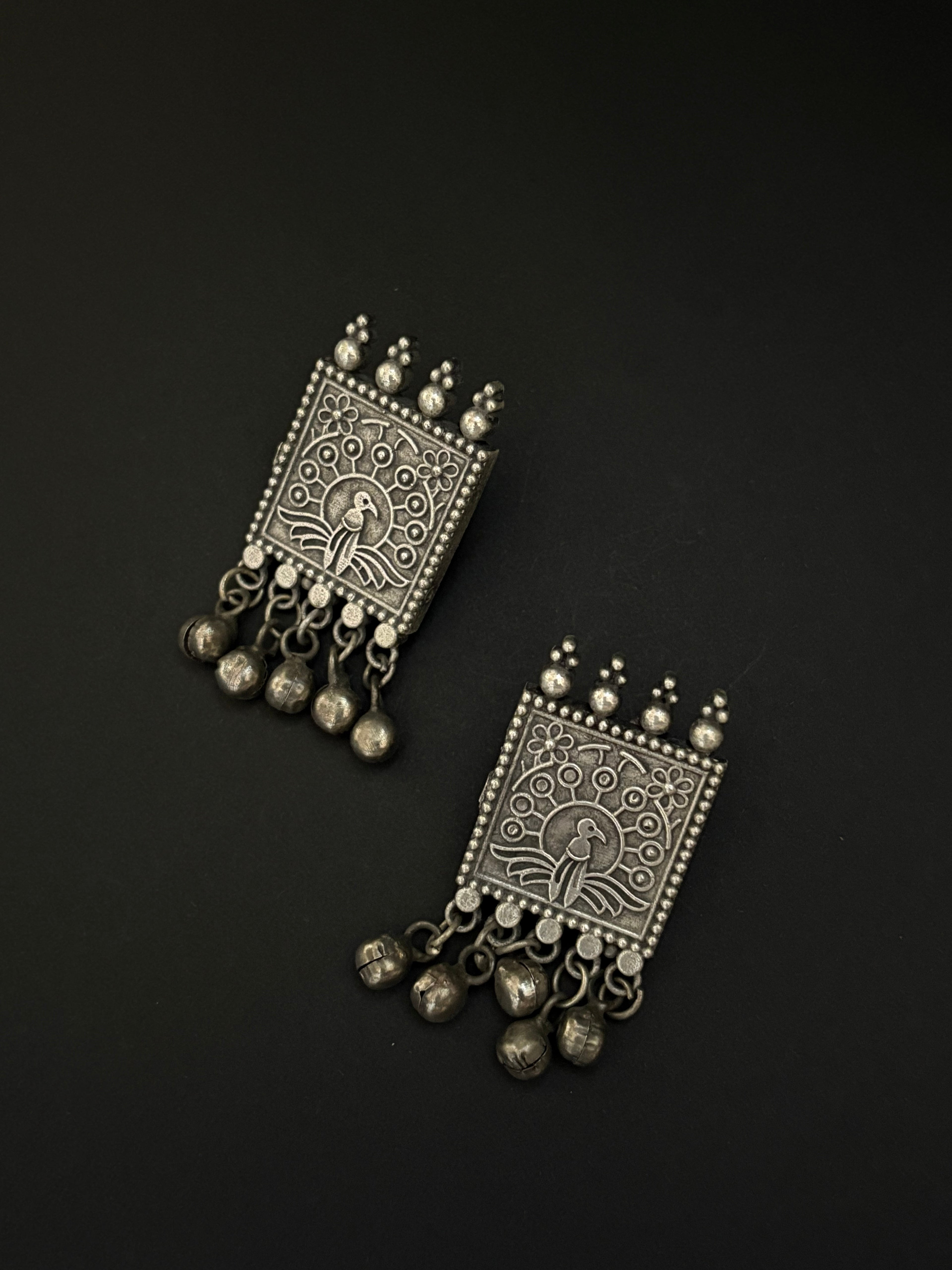 Square Ghungroo Earrings with Bird Carving