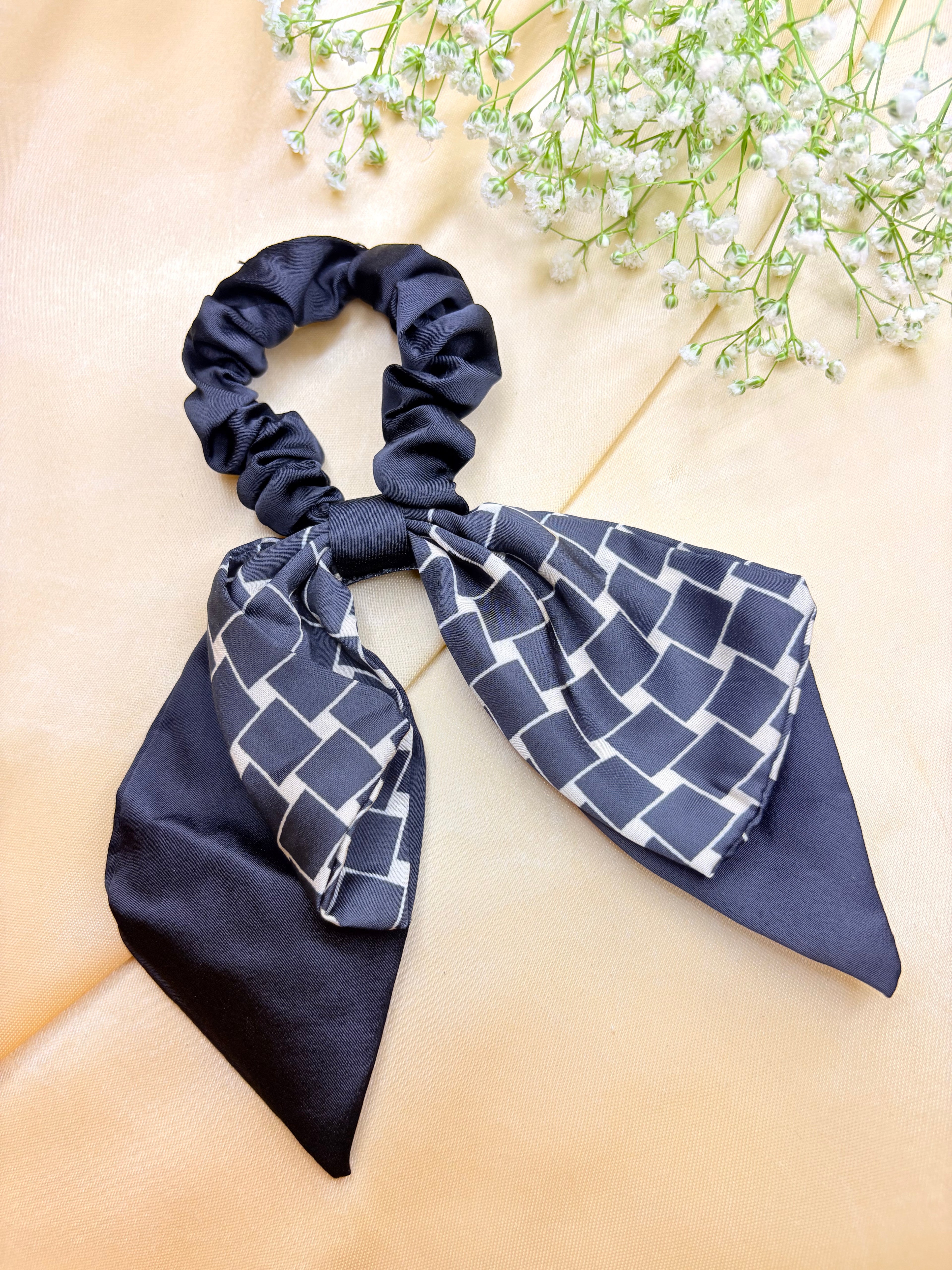 Satin Beige and Black Bow Scrunchie