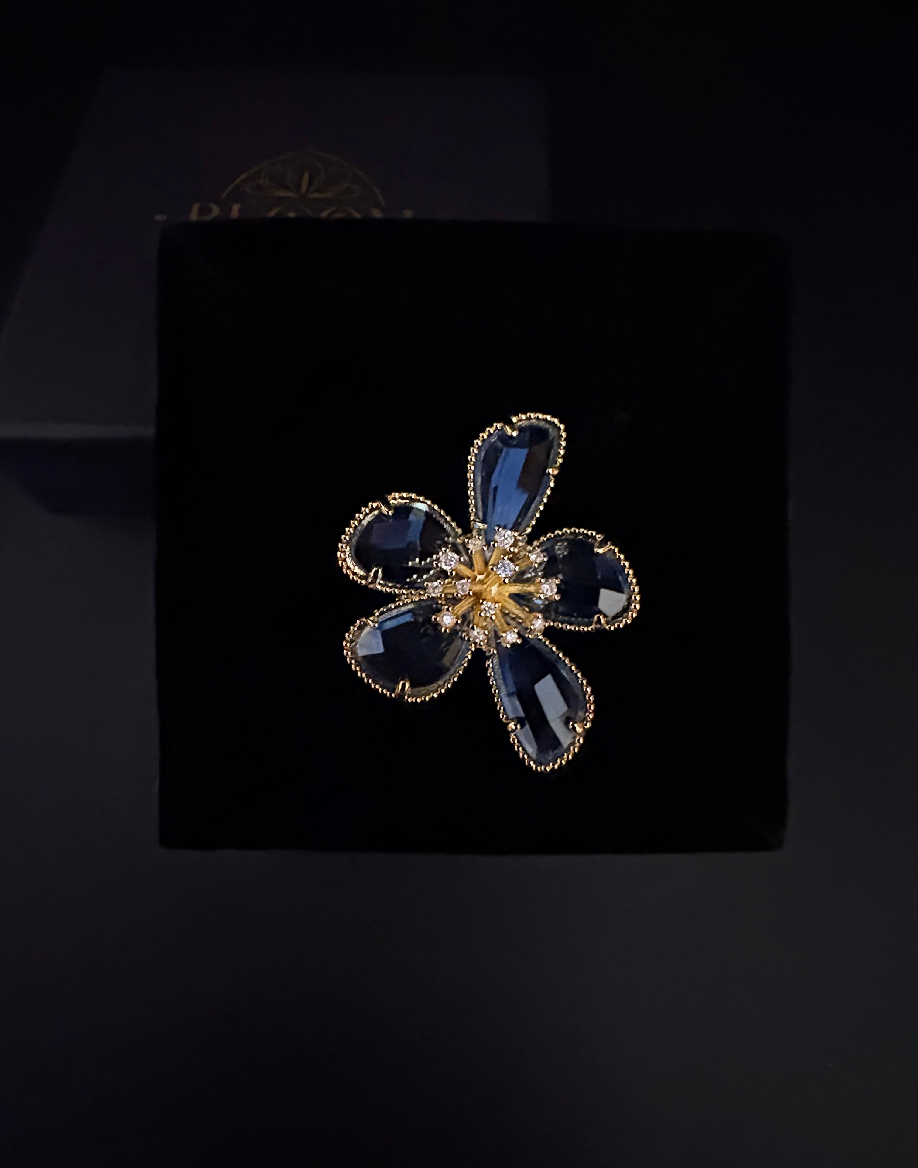 Midnight Bloom Blue Crystal Flower Ring