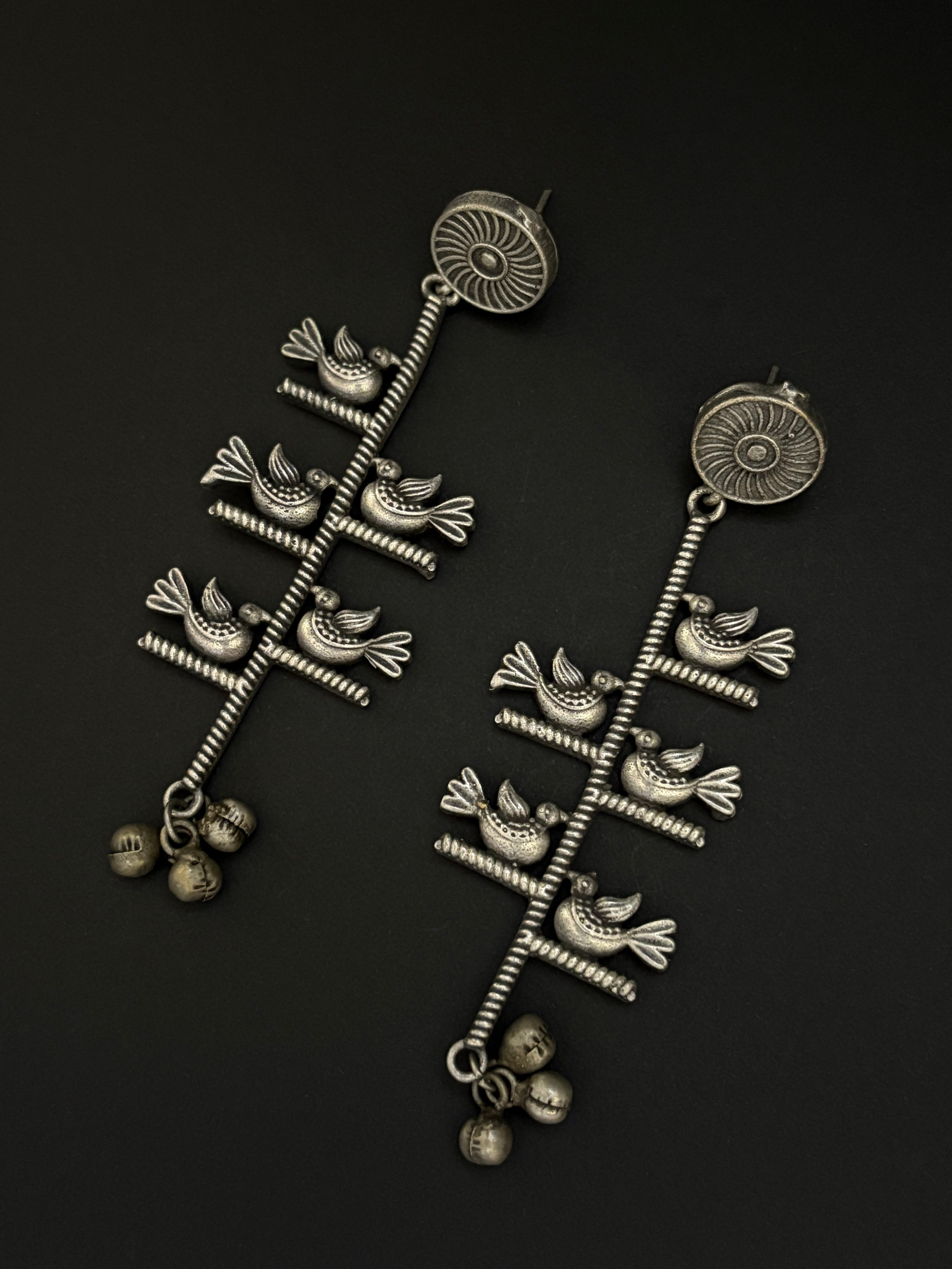 Bird and Spiral Pattern Tribal Dangle Earrings