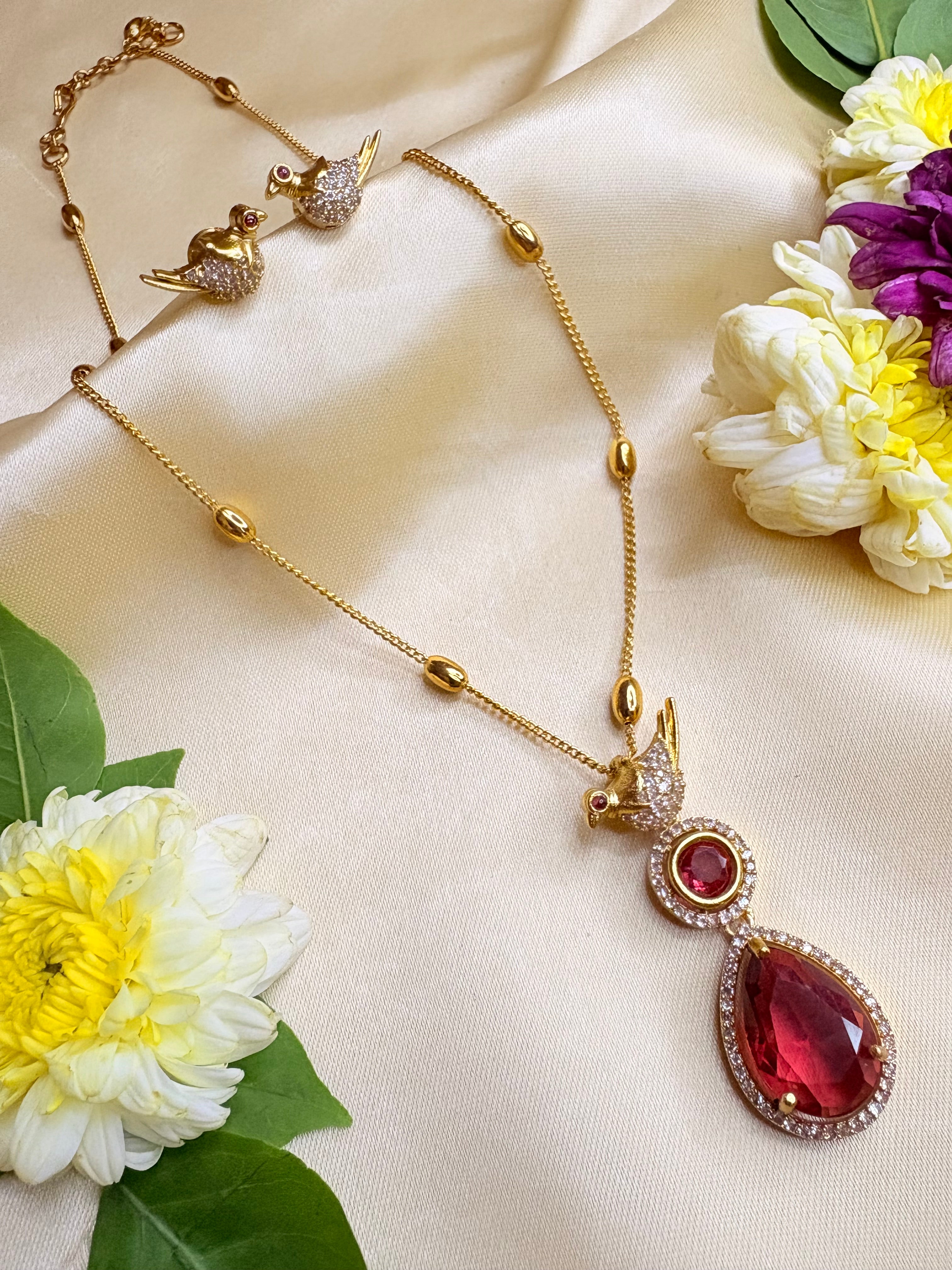 Long Chain Pendant Necklace with Bird Earrings