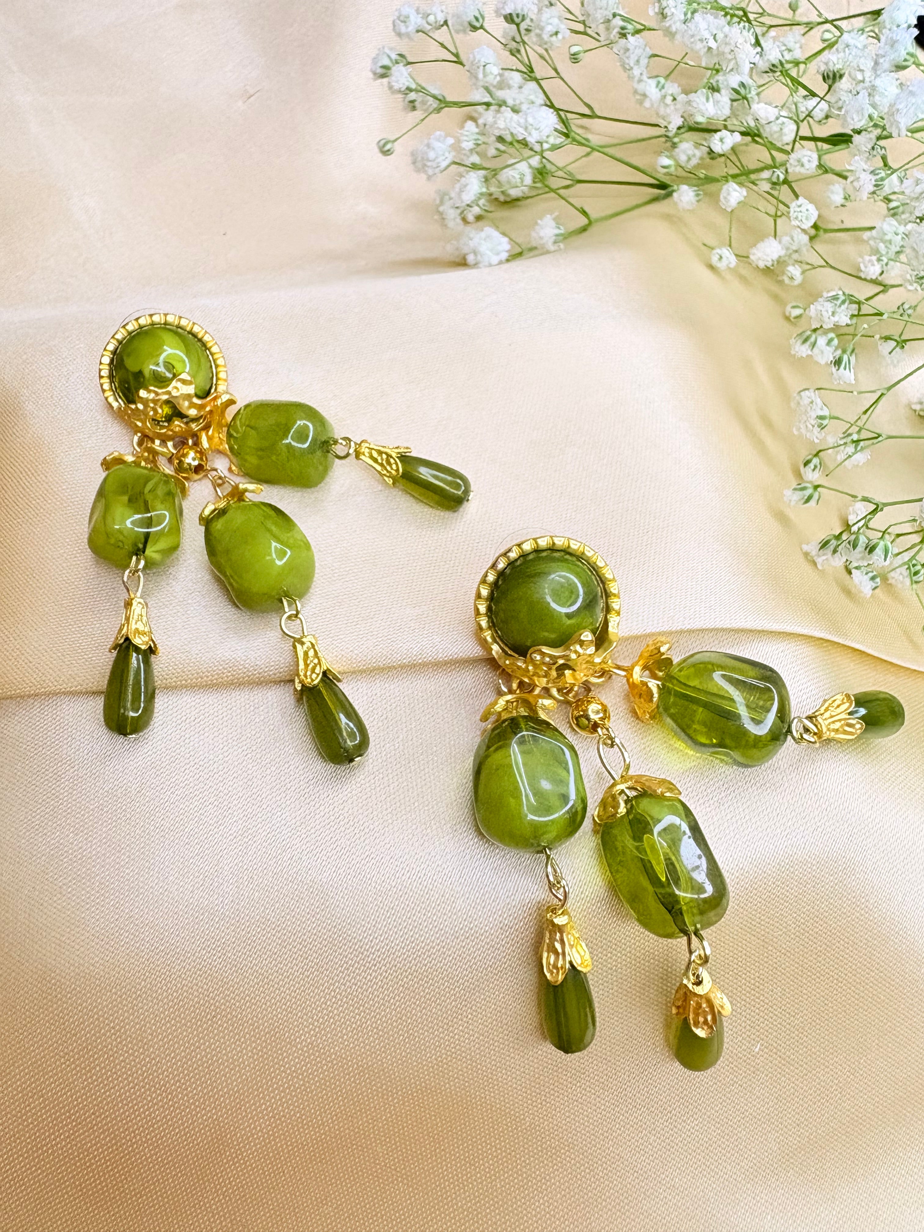 Vintage-Style Green and Gold Statement Earrings