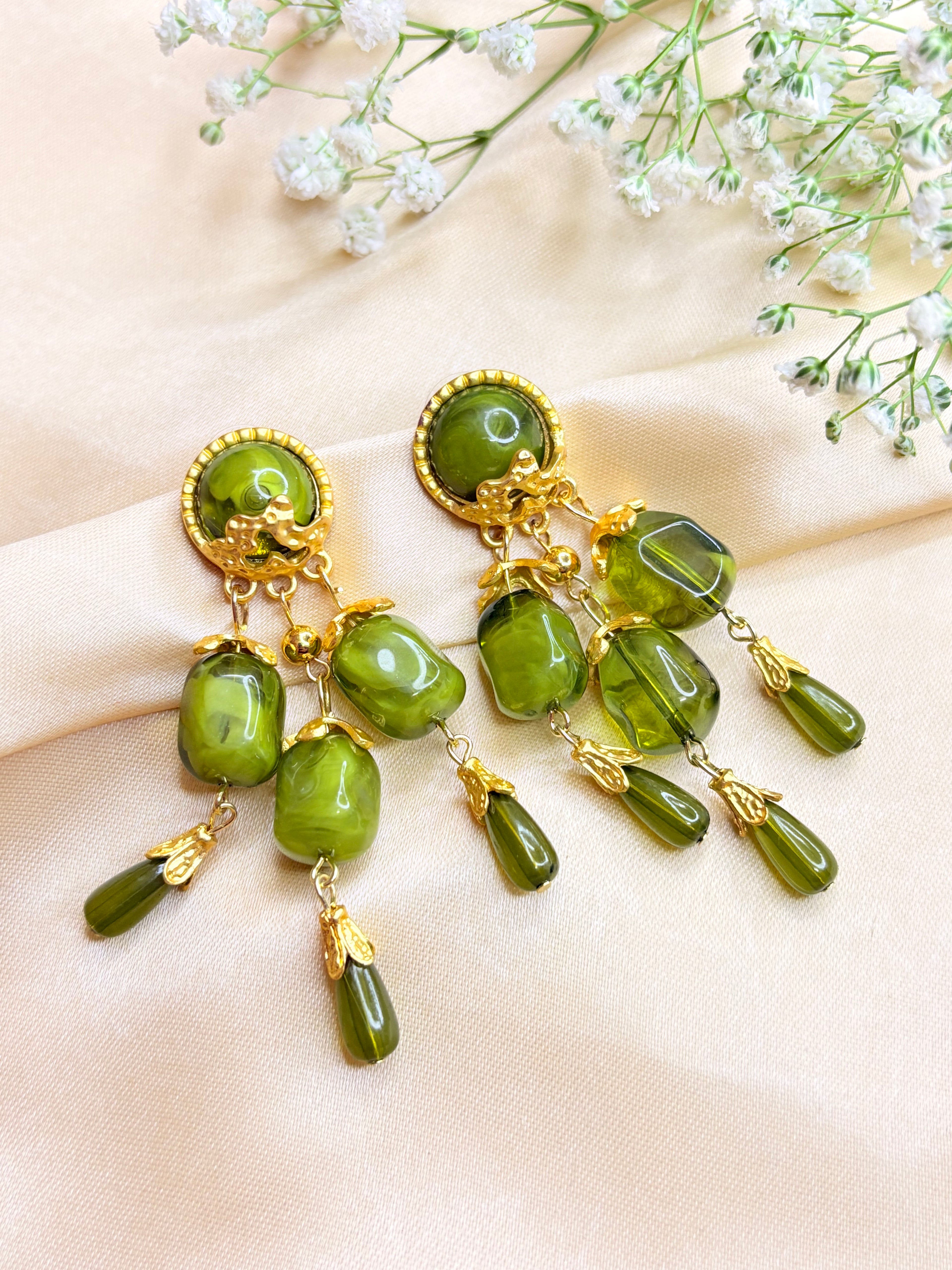 Vintage-Style Green and Gold Statement Earrings