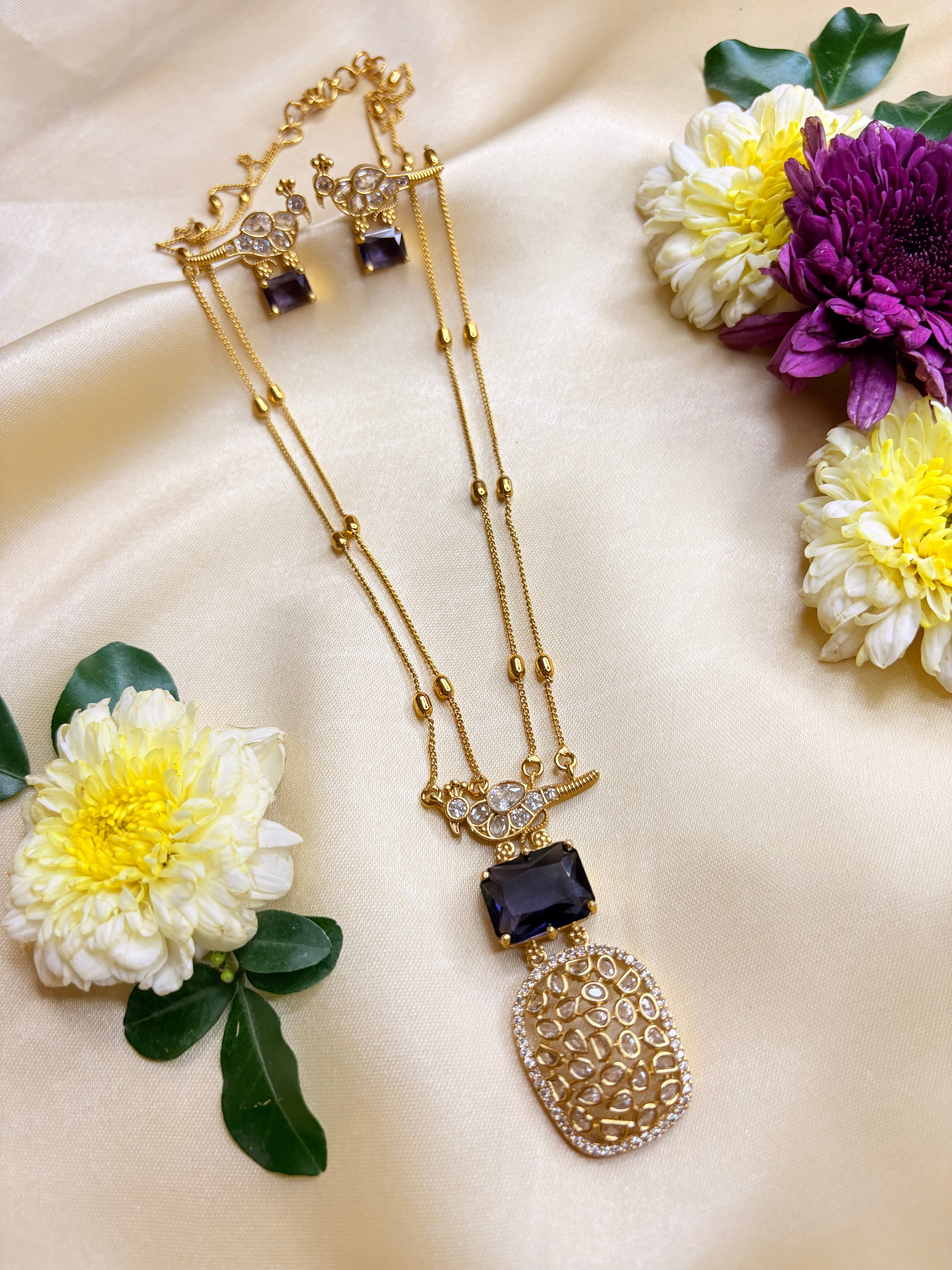 Stone Studded Long Double Chain Jewelry Set