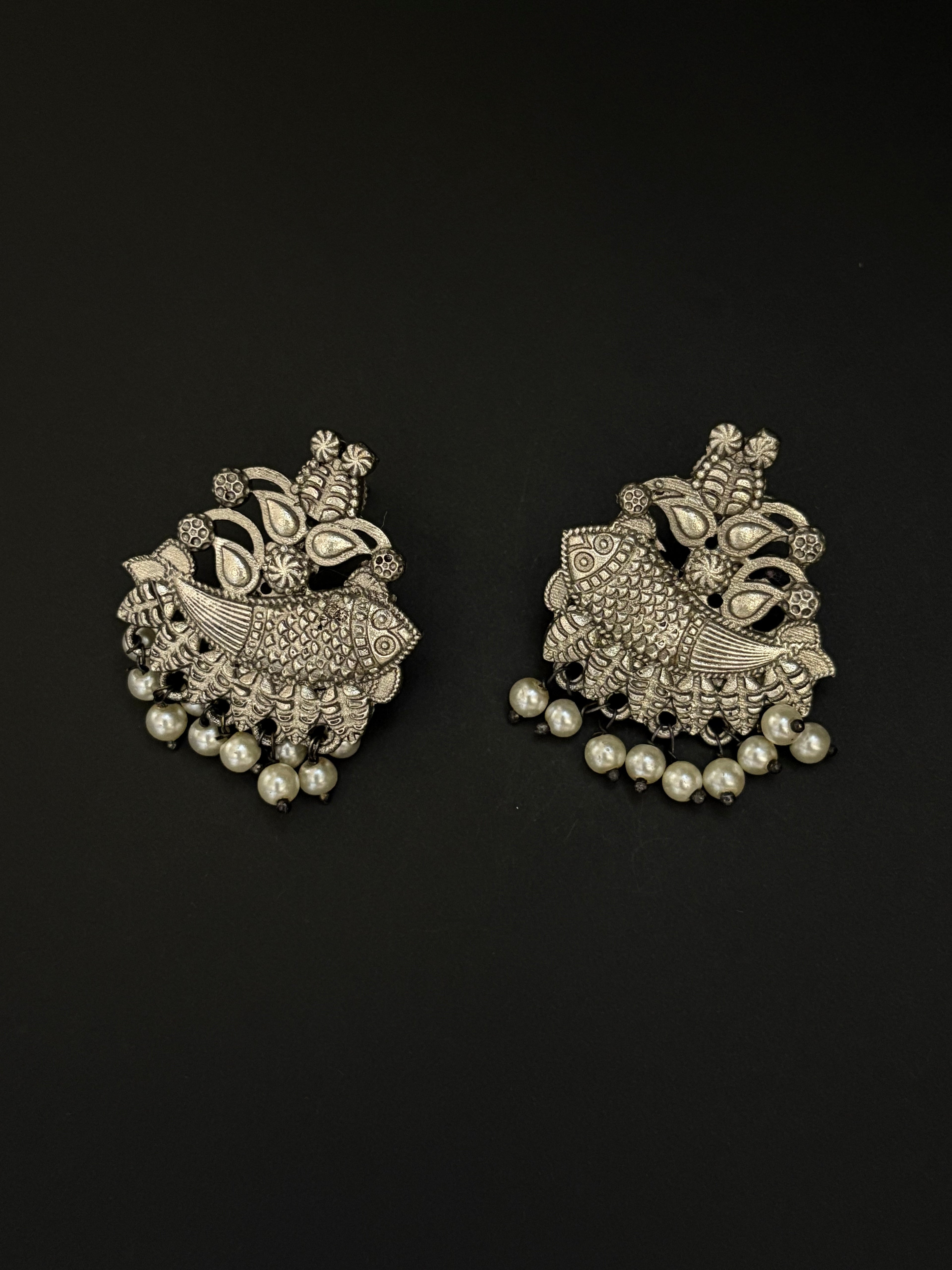 Oxidized Fish Earrings with Bead Drops