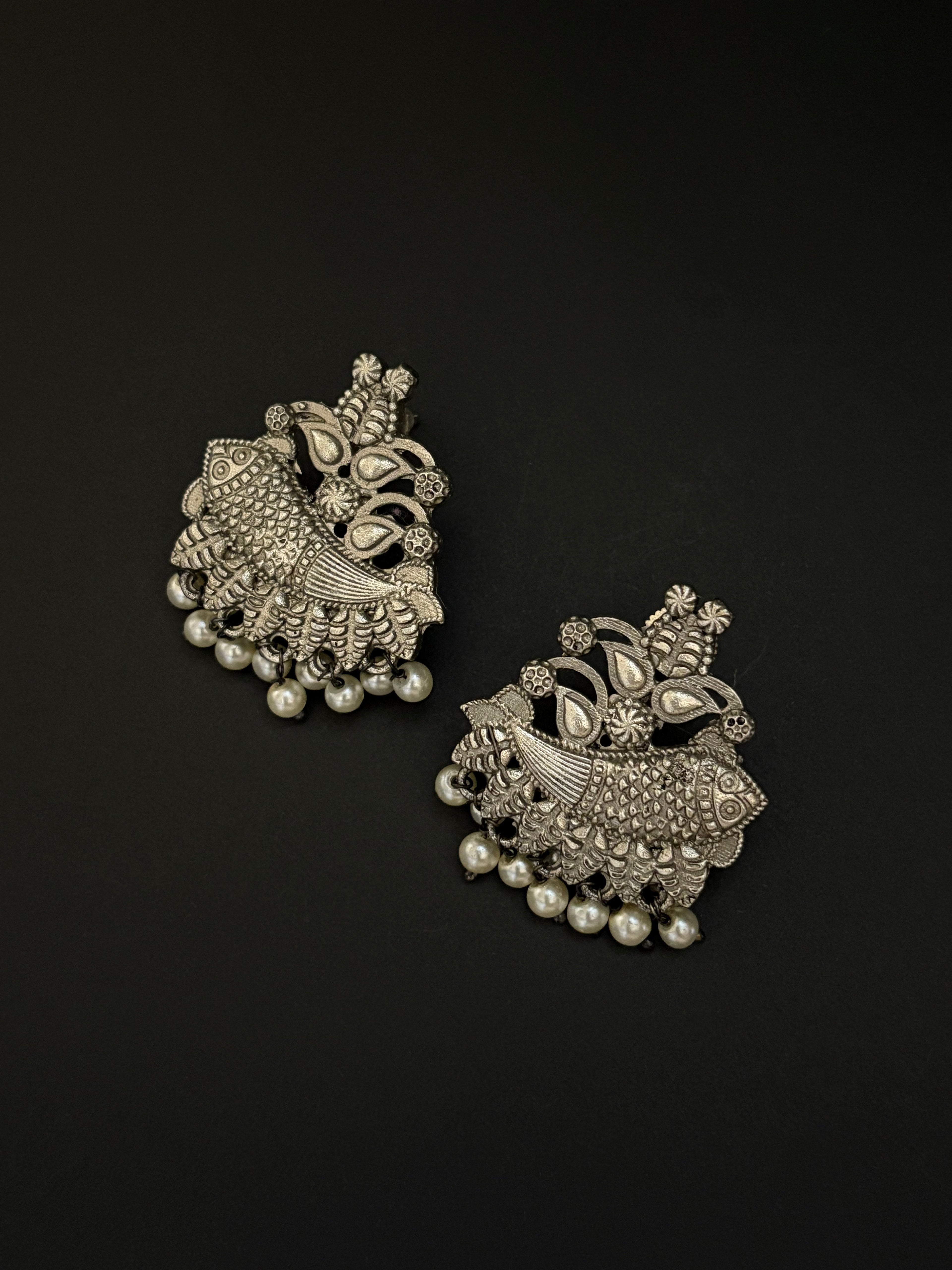 Oxidized Fish Earrings with Bead Drops