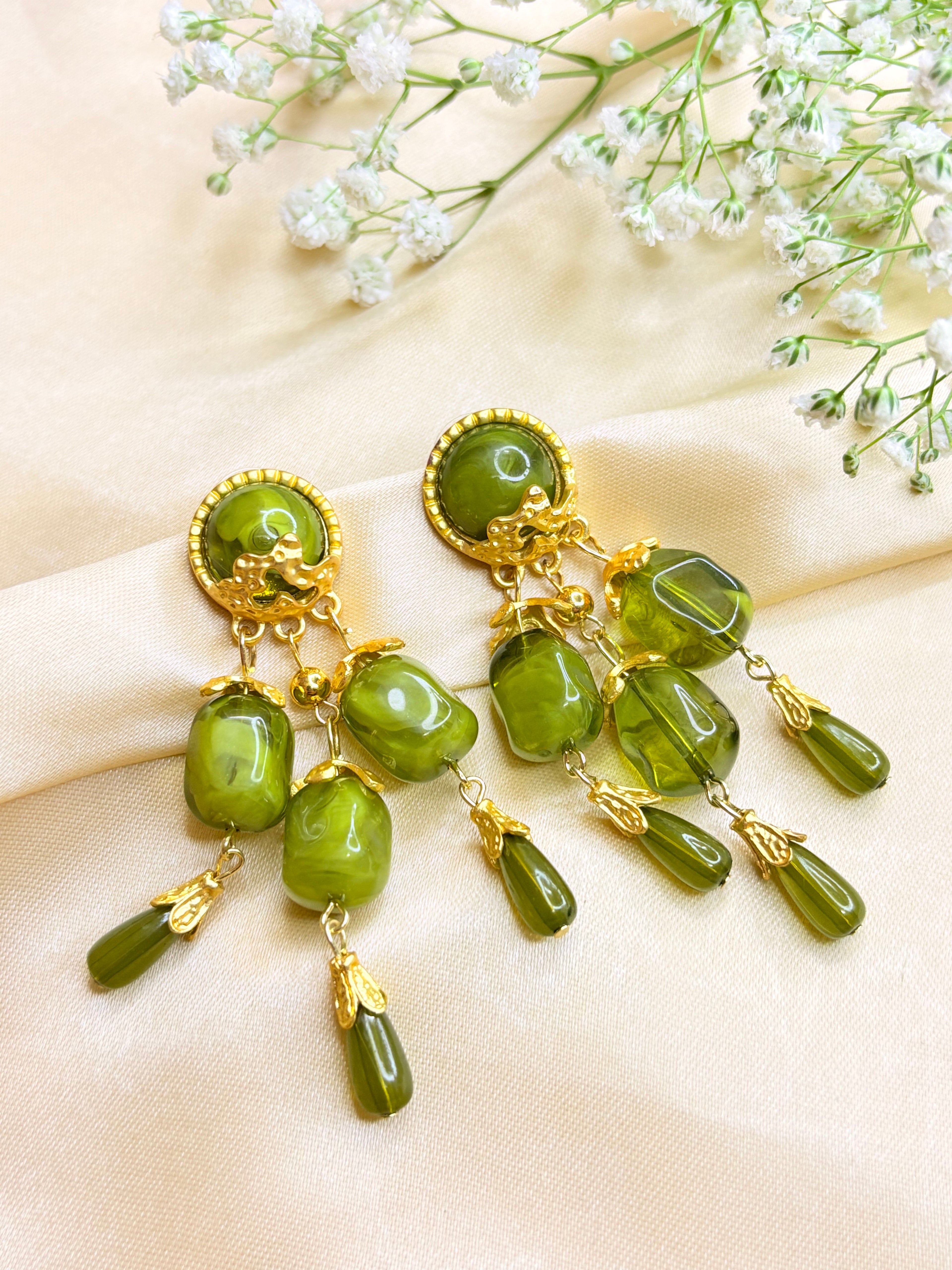 Vintage-Style Green and Gold Statement Earrings