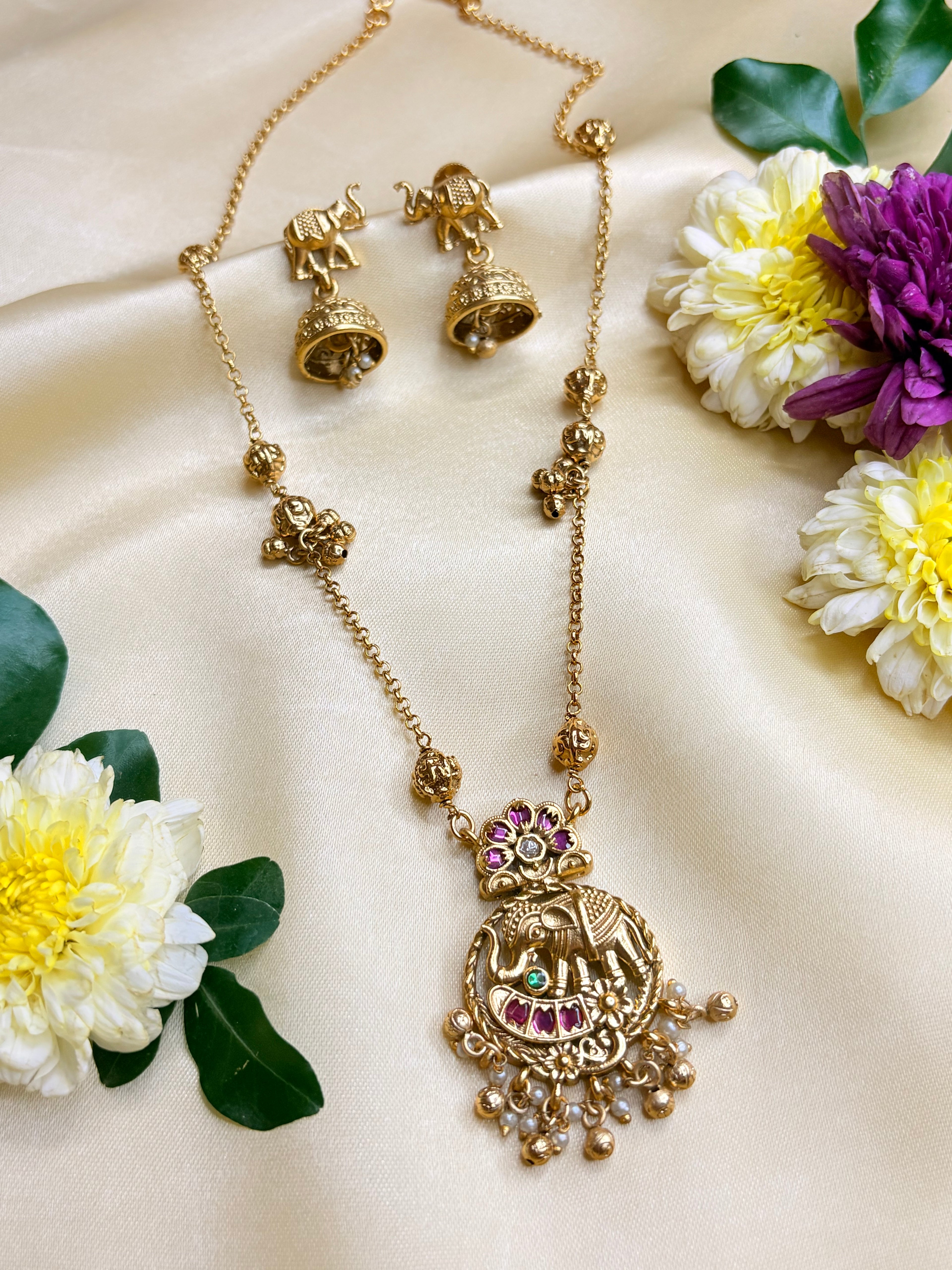 Gold Plated Elephant Motif Necklace Set with Jhumka Earrings