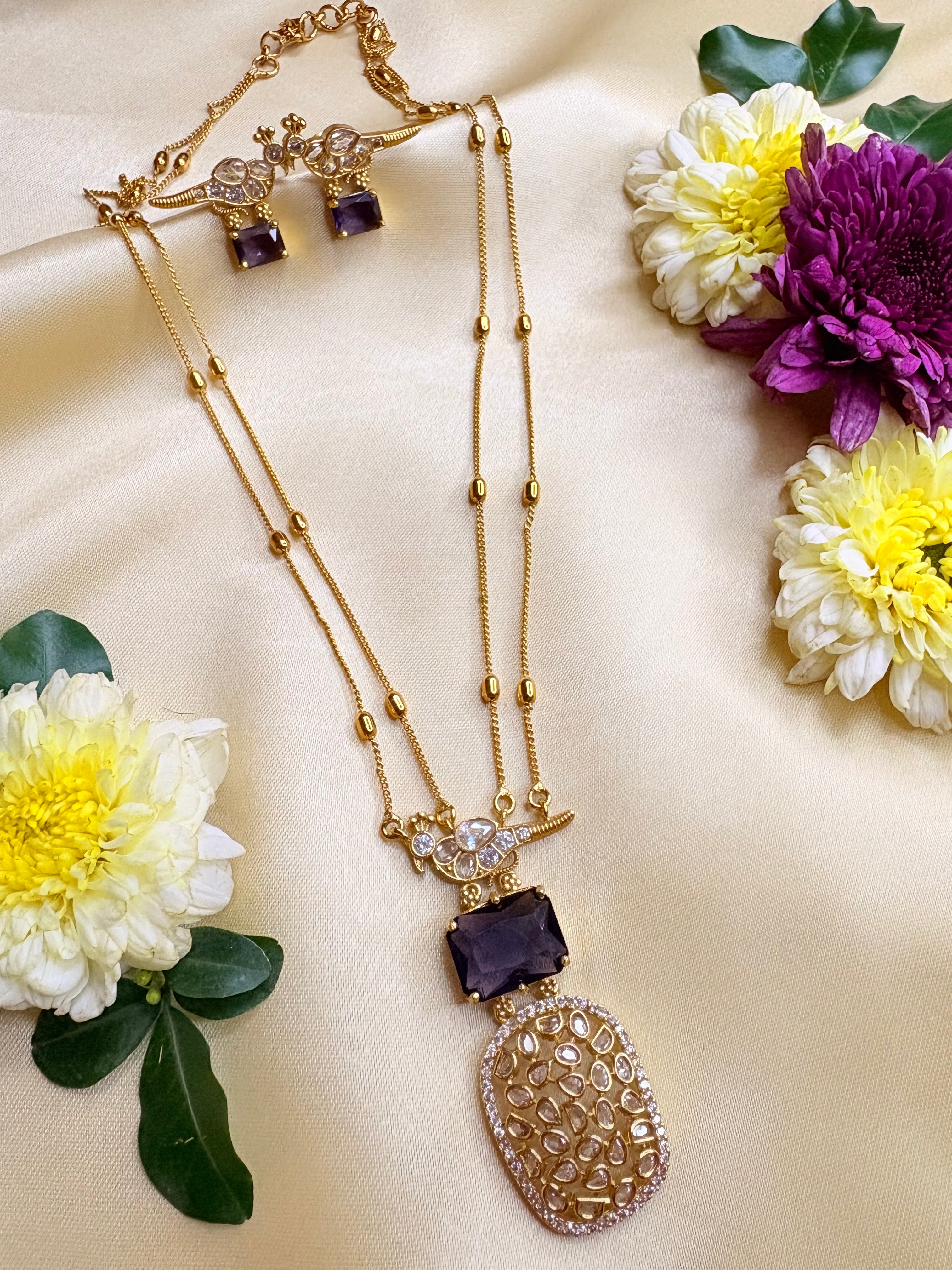 Stone Studded Long Double Chain Jewelry Set