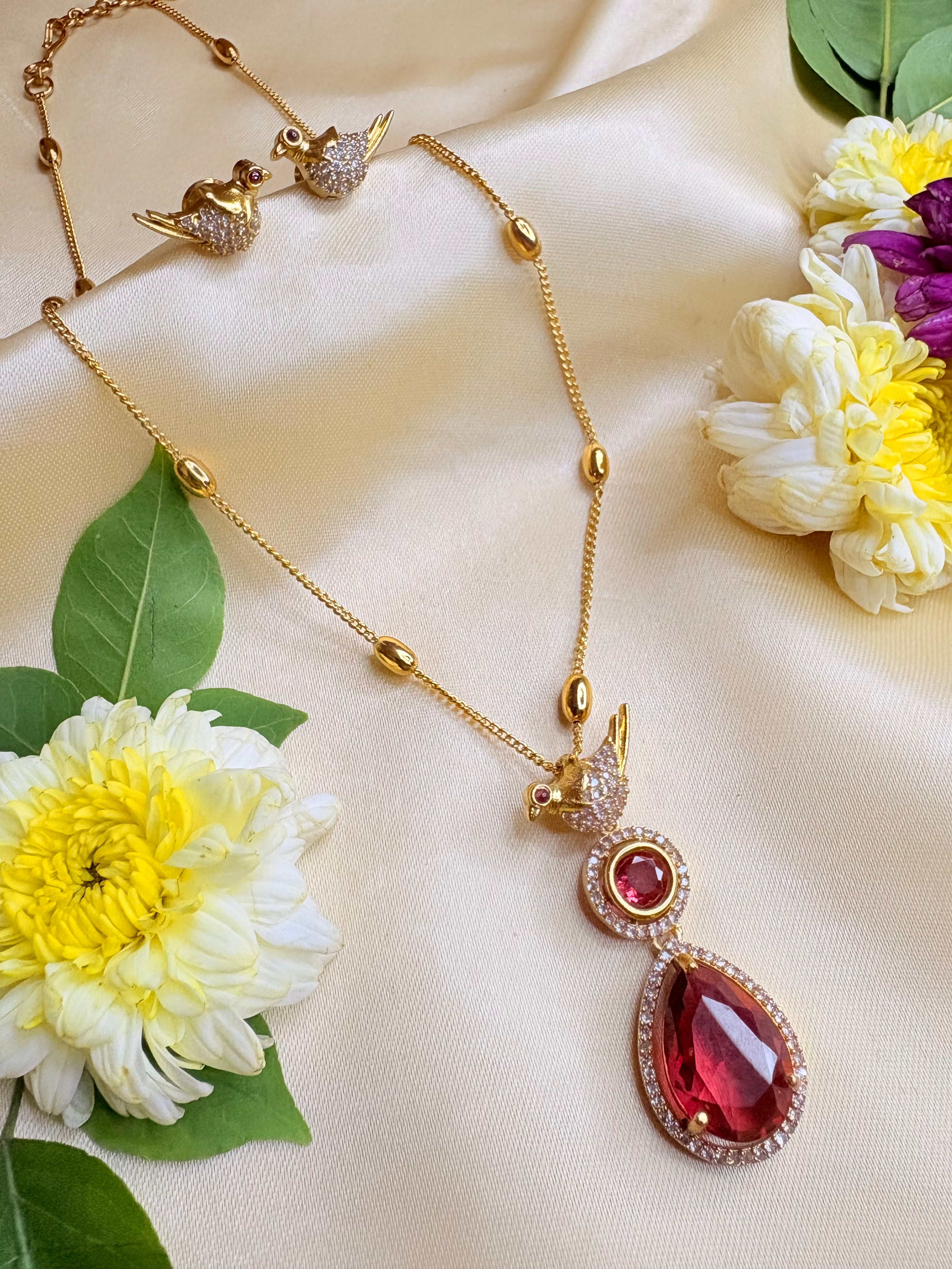 Long Chain Pendant Necklace with Bird Earrings