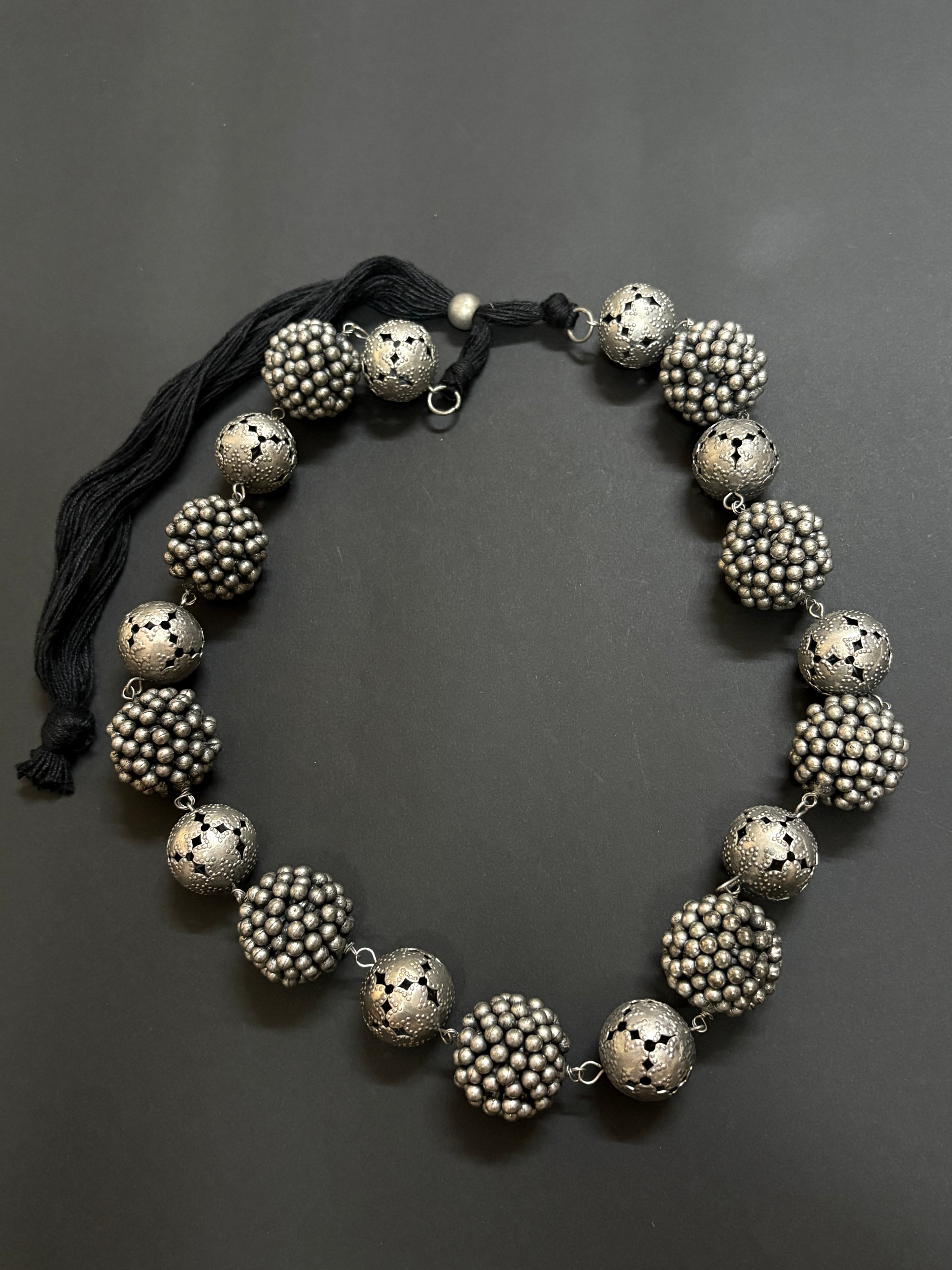 Vintage Style Metallic Ball Necklace with Filigree Detailing