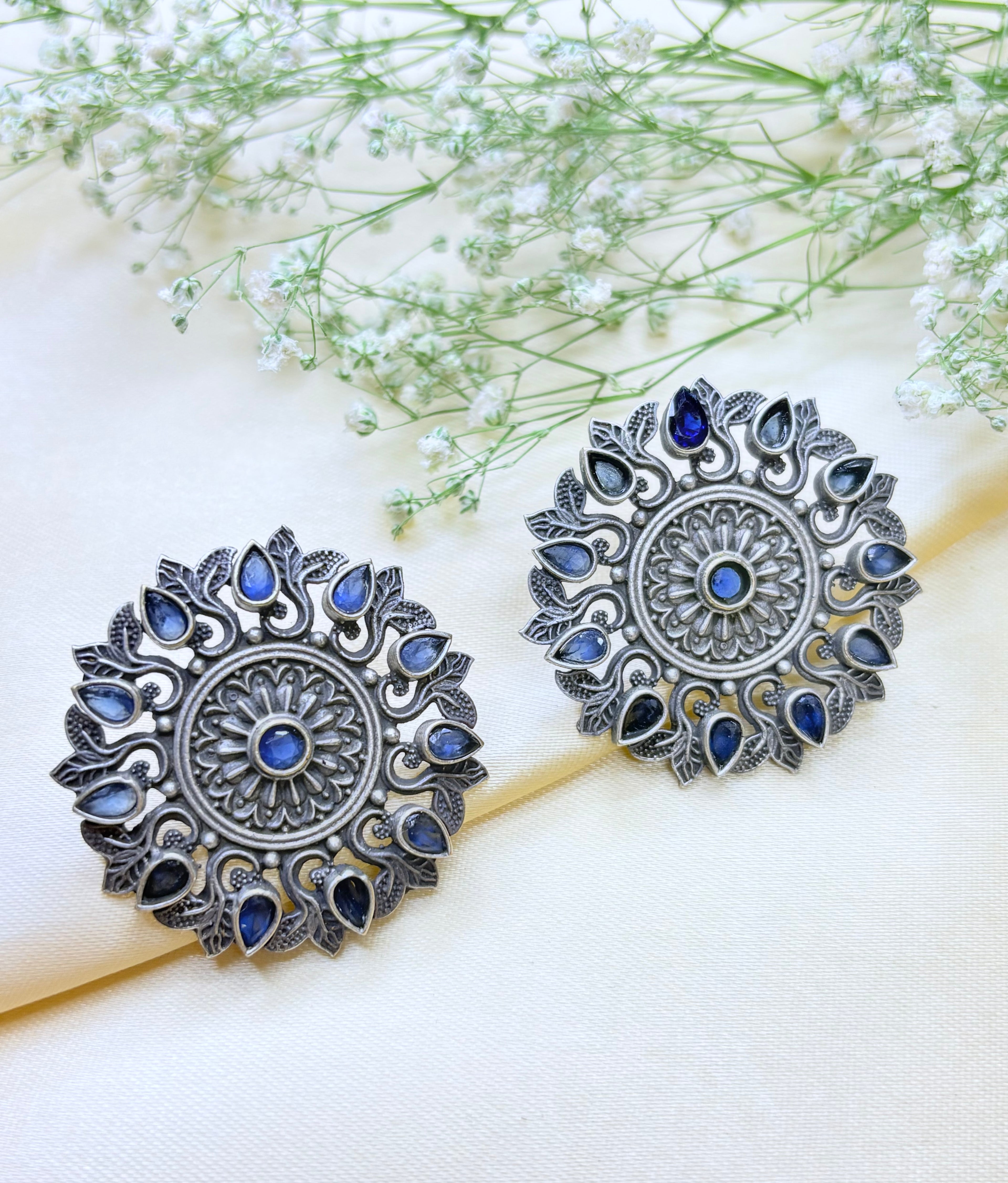 Oxidised Silver Black and Navy Blue Stone Floral Stud Earrings