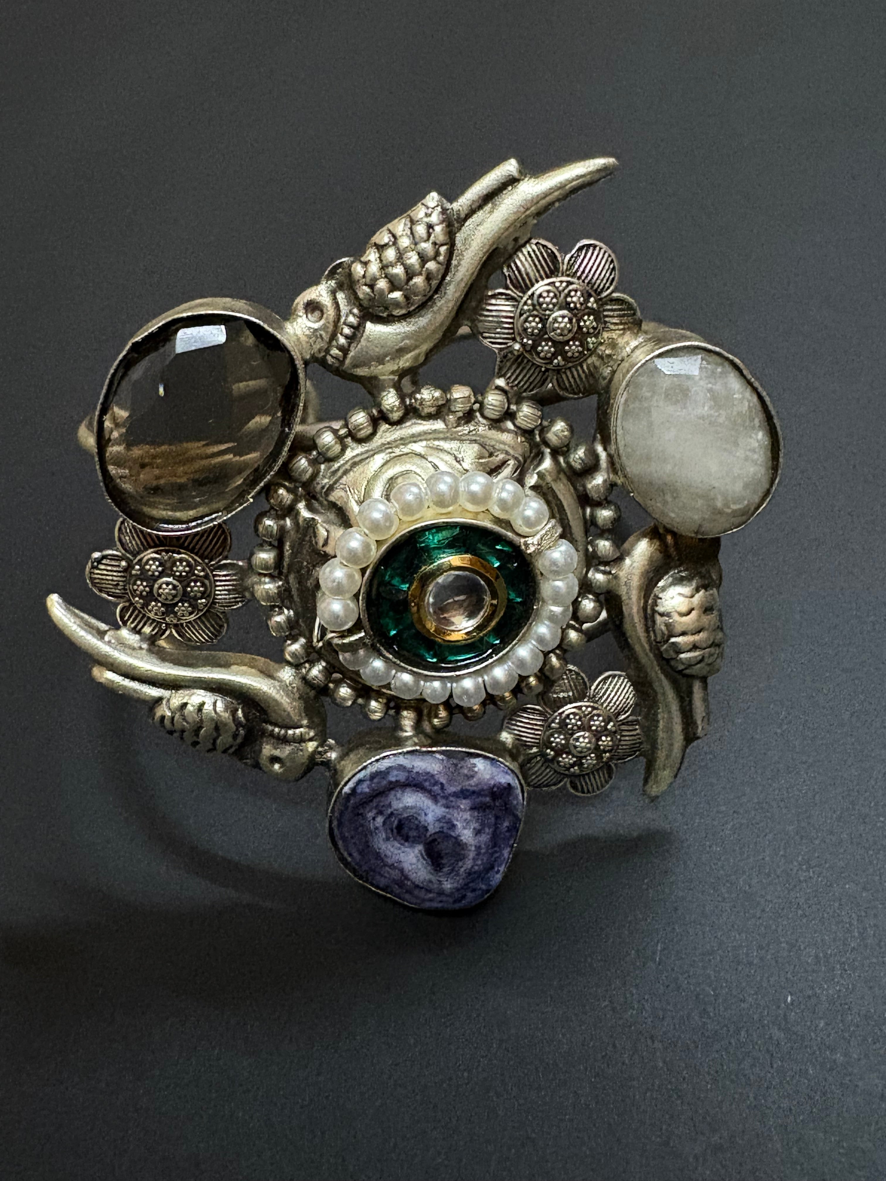 Handcrafted Silver Cuff with Gemstone & Bird Motif
