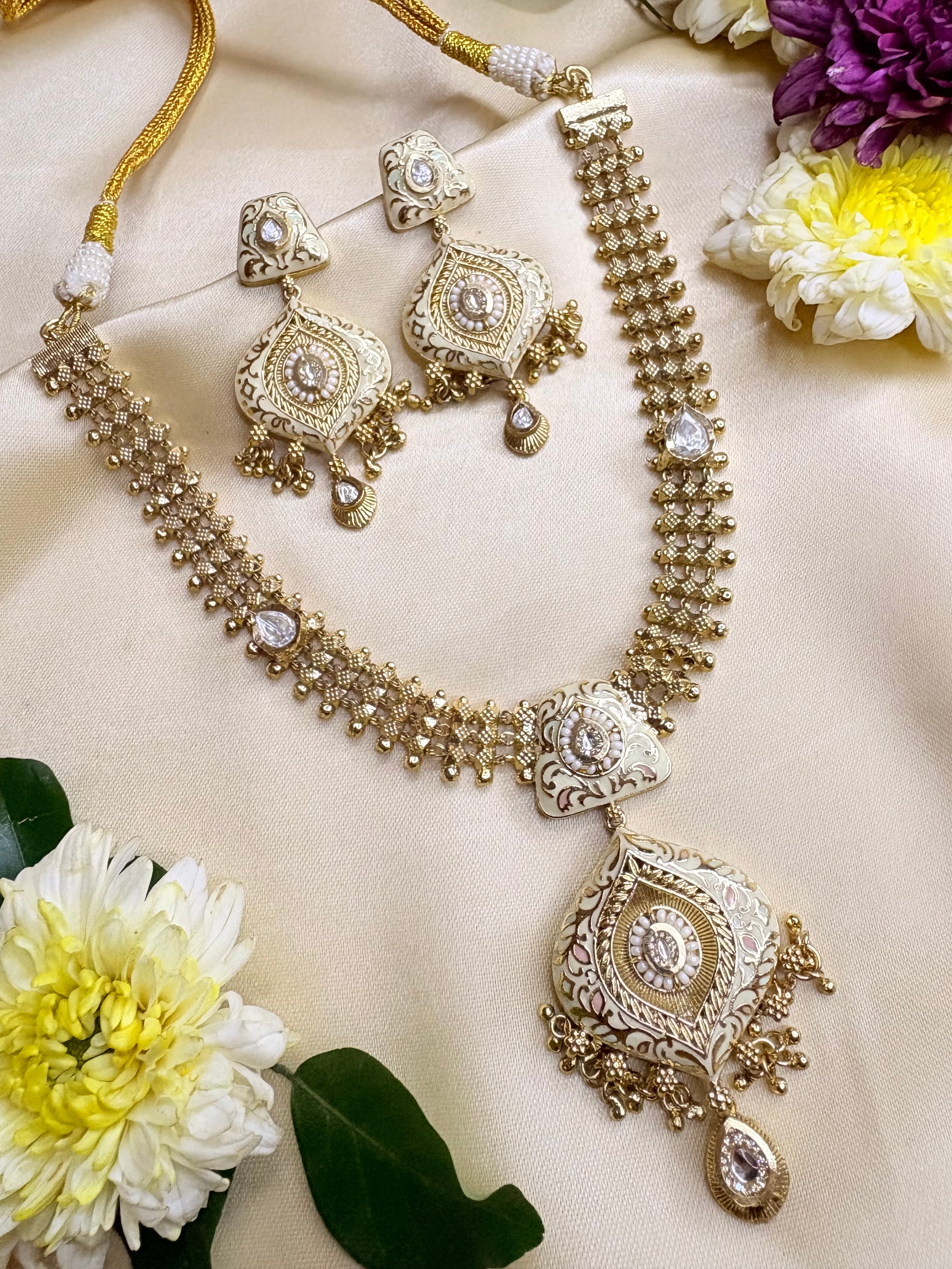 Handcrafted White Meenakari & Kundan Stone Jewelry Set