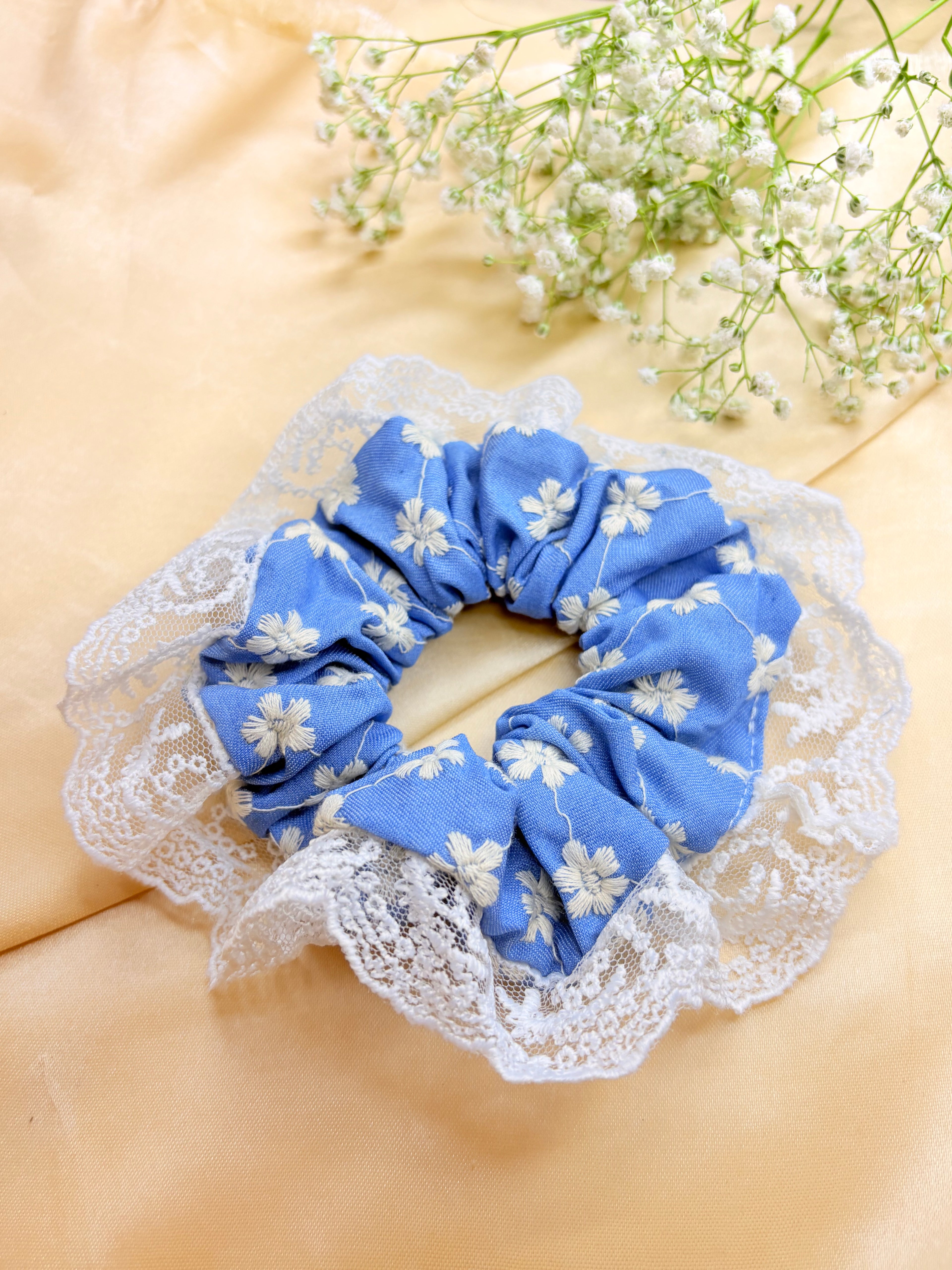 Denim Floral Lace Scrunchie