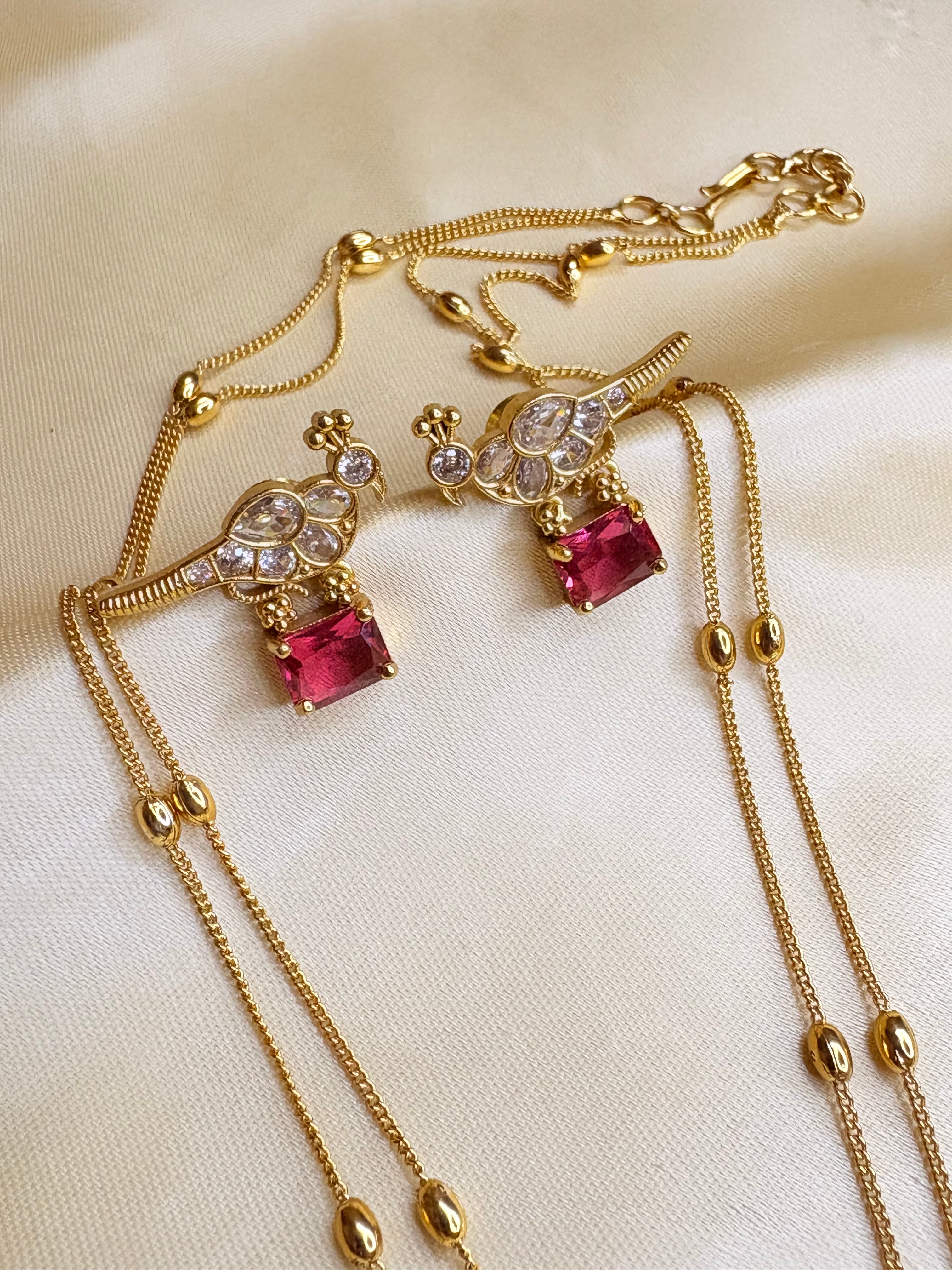 Stone Studded Long Double Chain Jewelry Set
