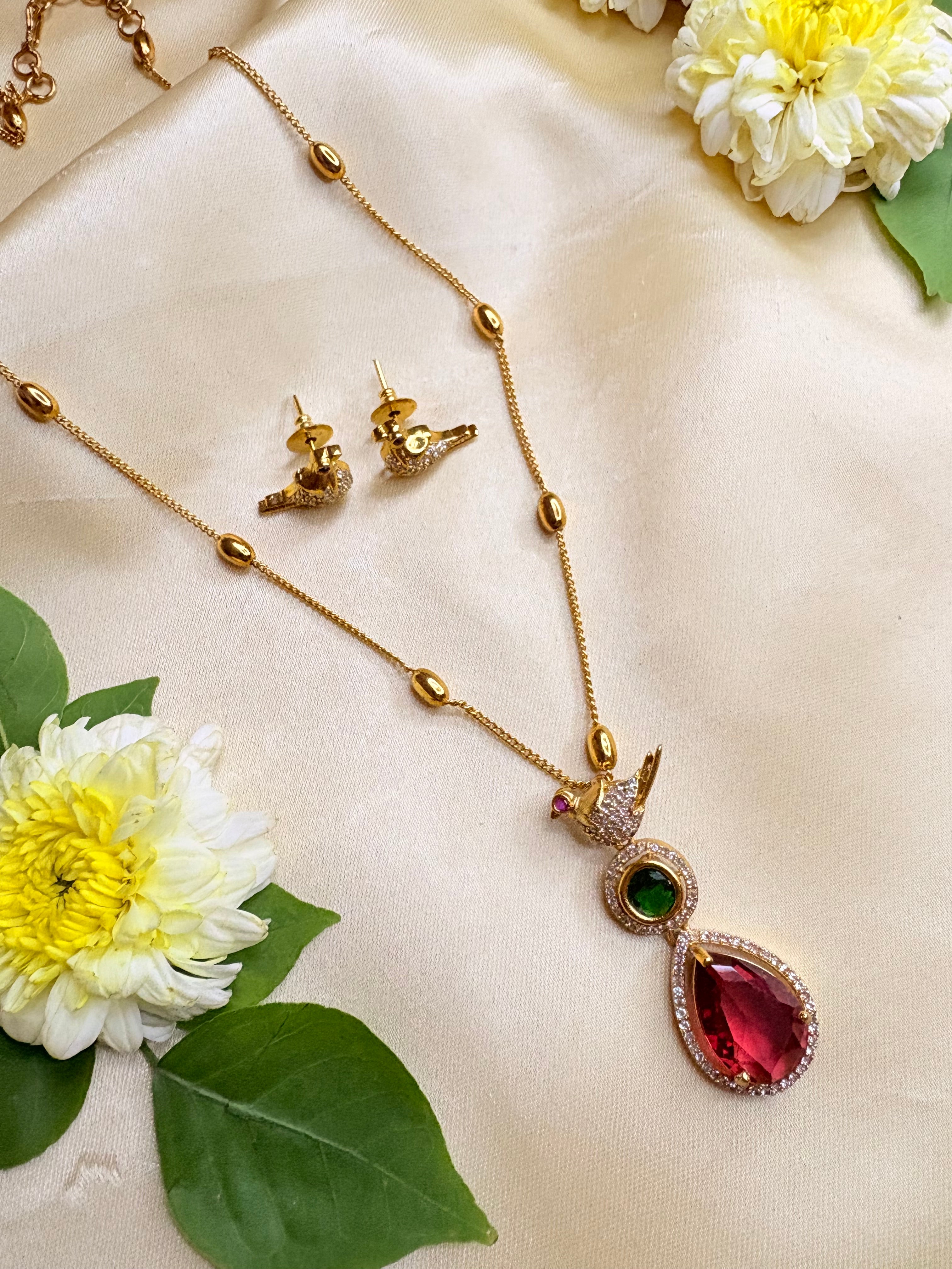 Long Chain Pendant Necklace with Bird Earrings