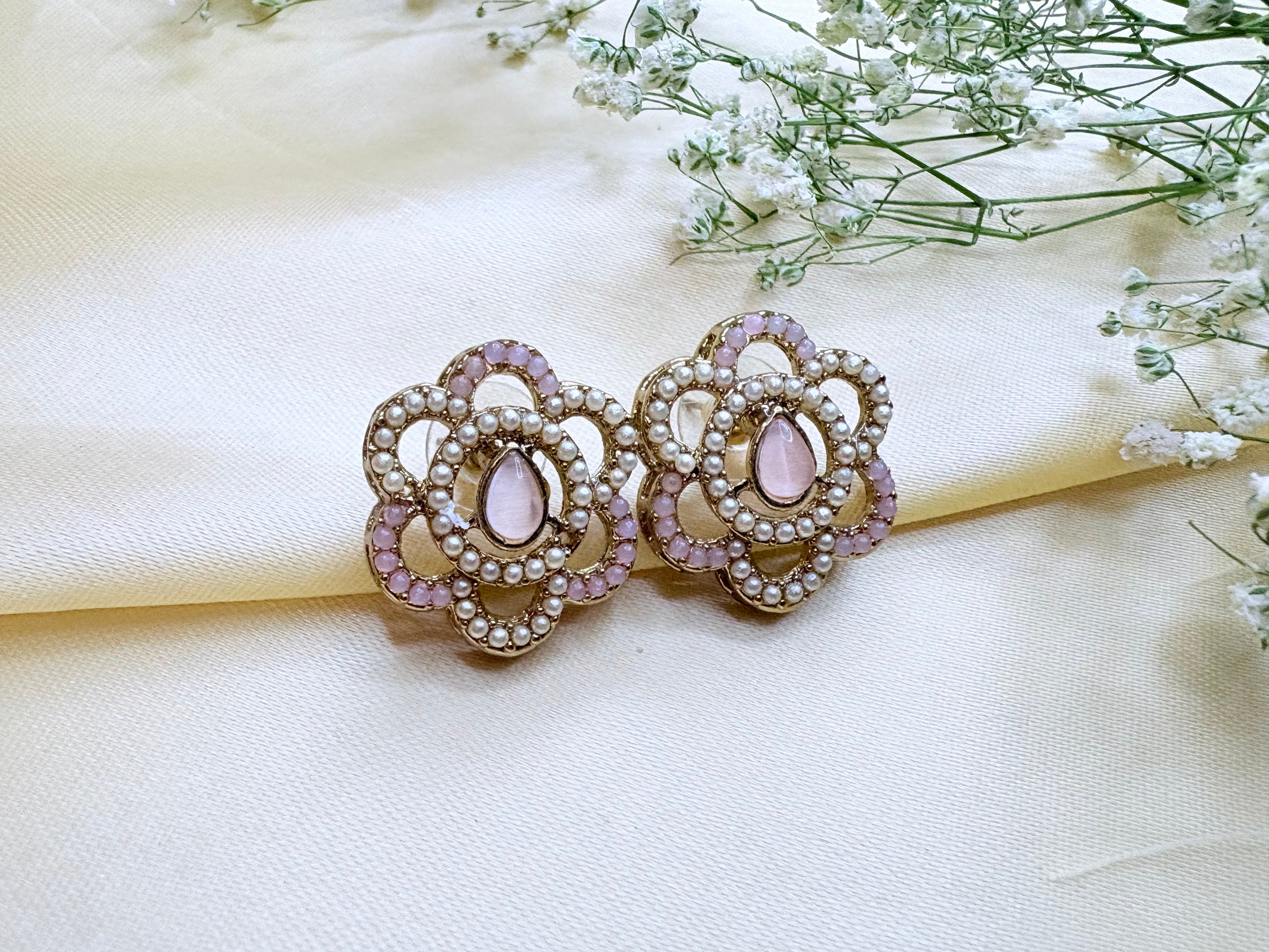 Petal & Pearl Drop Stud Earrings- Pink, Gold and Green Bloom