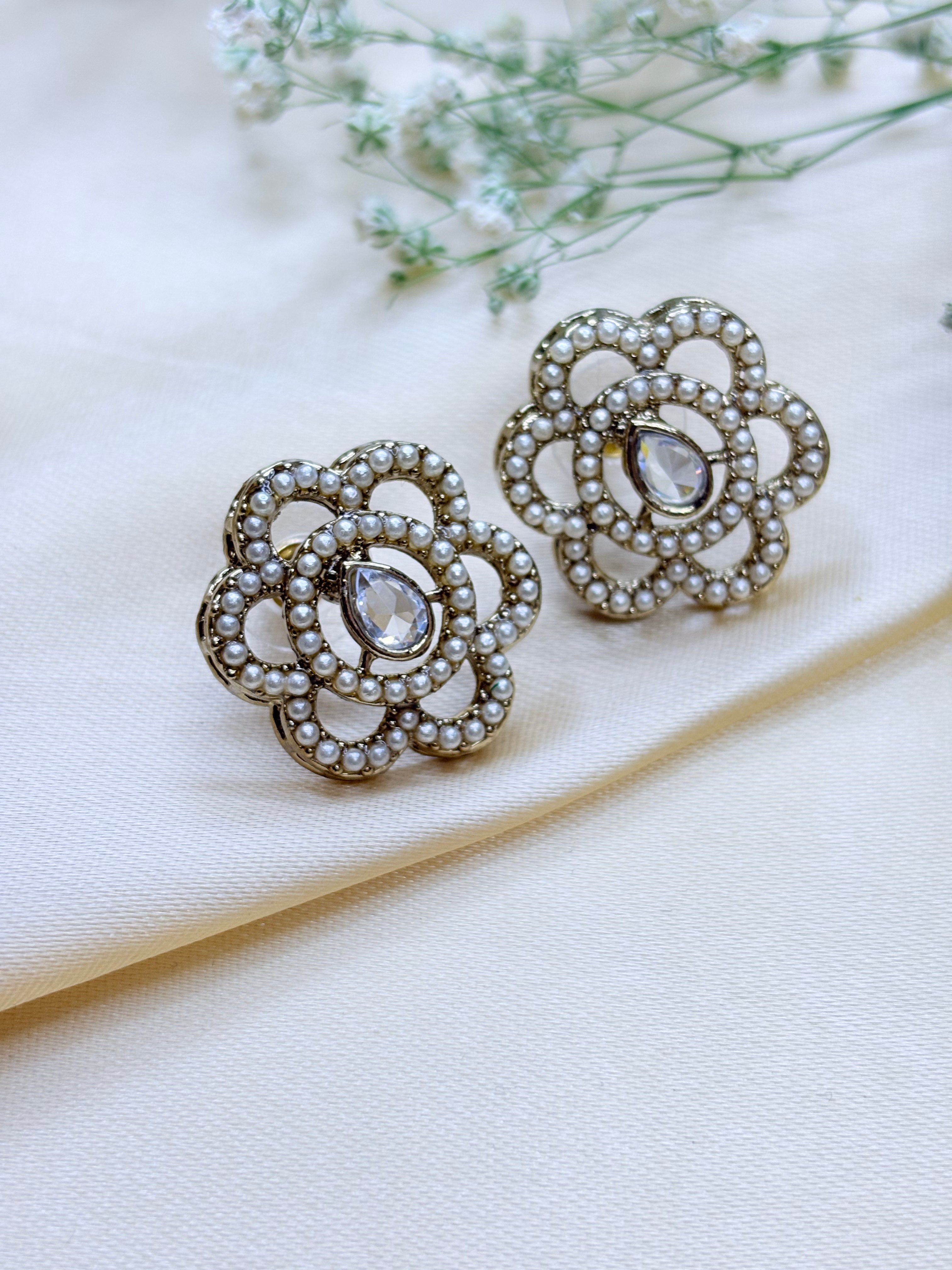 Petal & Pearl Drop Stud Earrings- Pink, Gold and Green Bloom