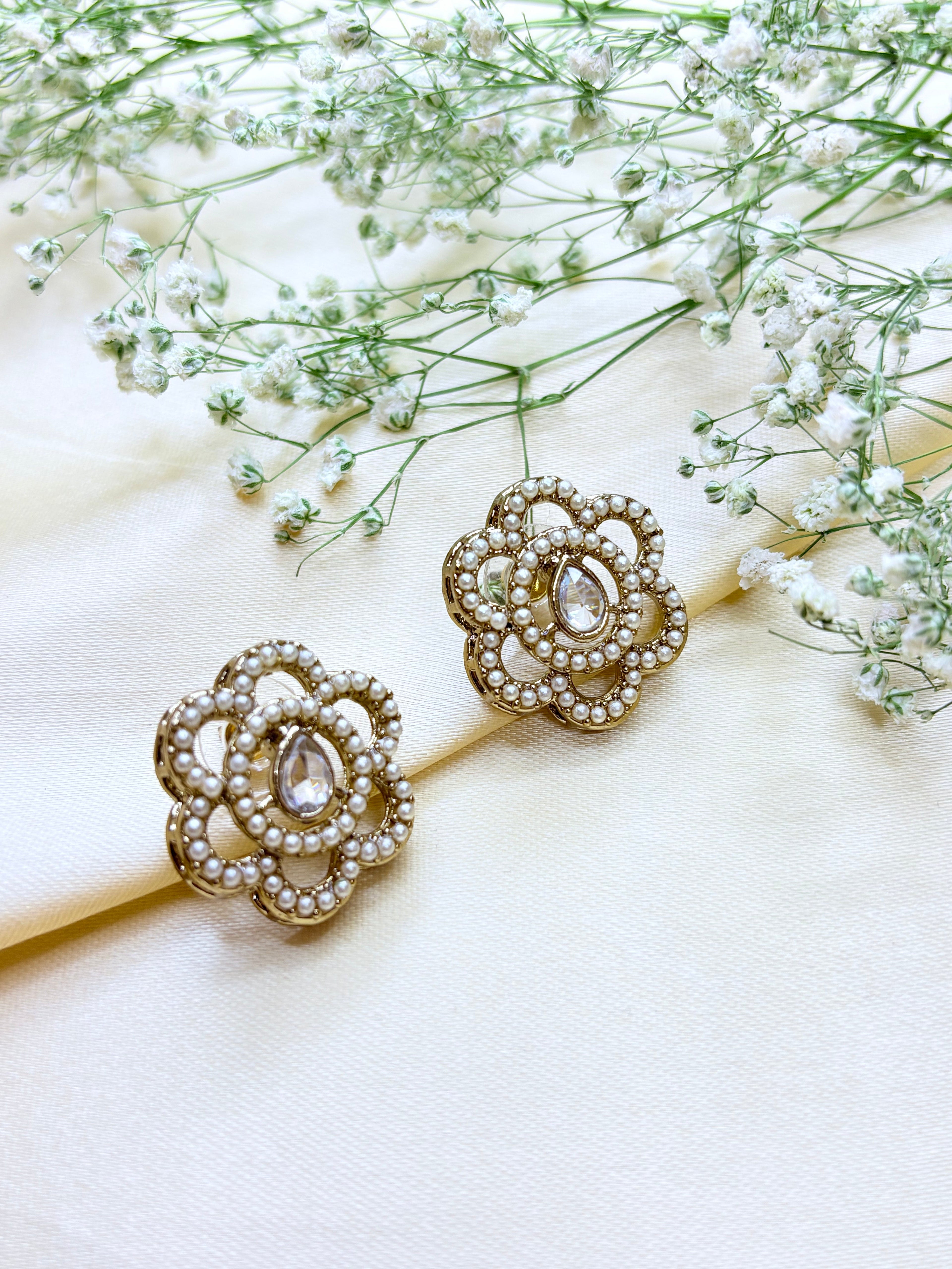 Petal & Pearl Drop Stud Earrings- Pink, Gold and Green Bloom