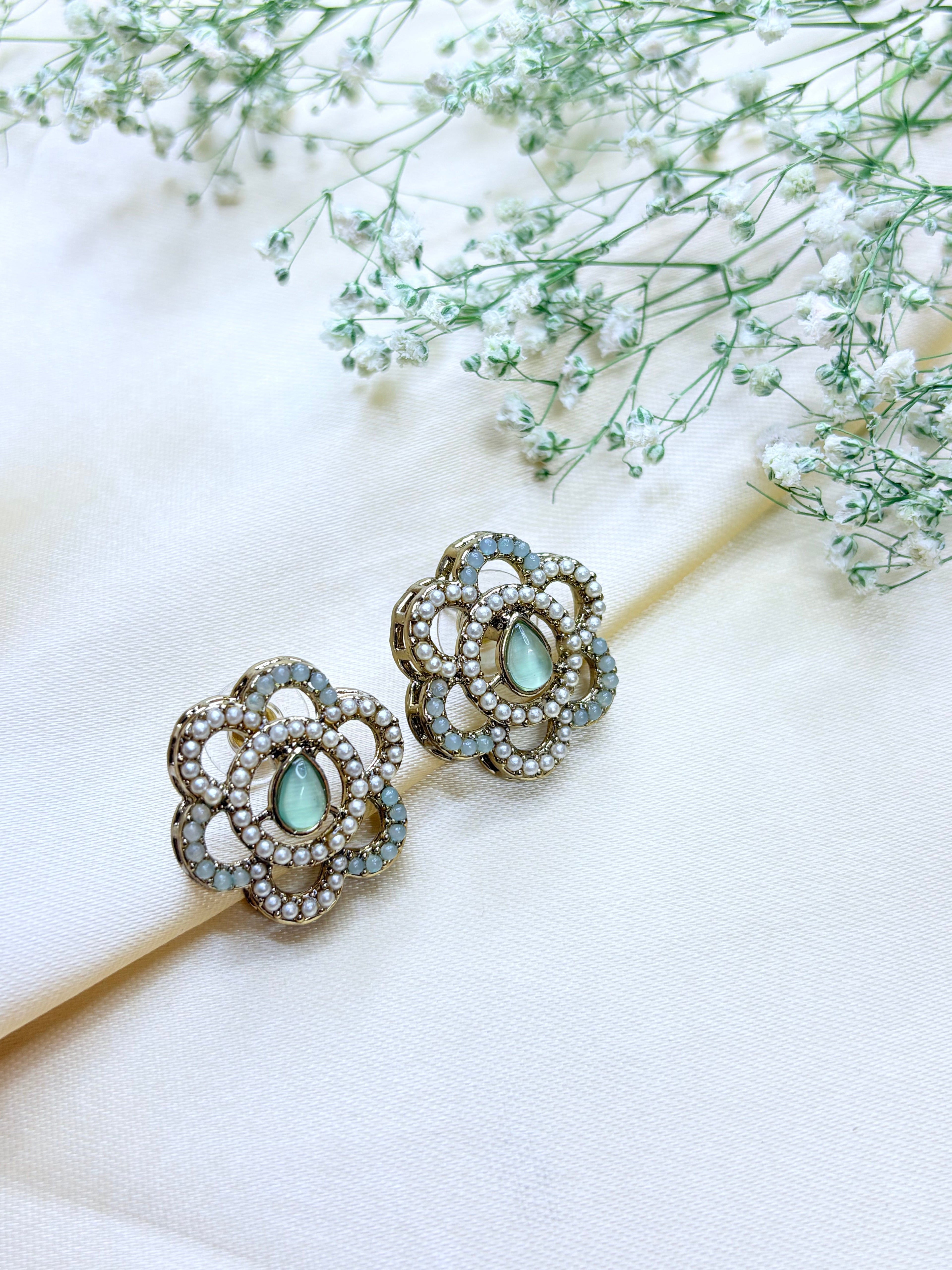 Petal & Pearl Drop Stud Earrings- Pink, Gold and Green Bloom