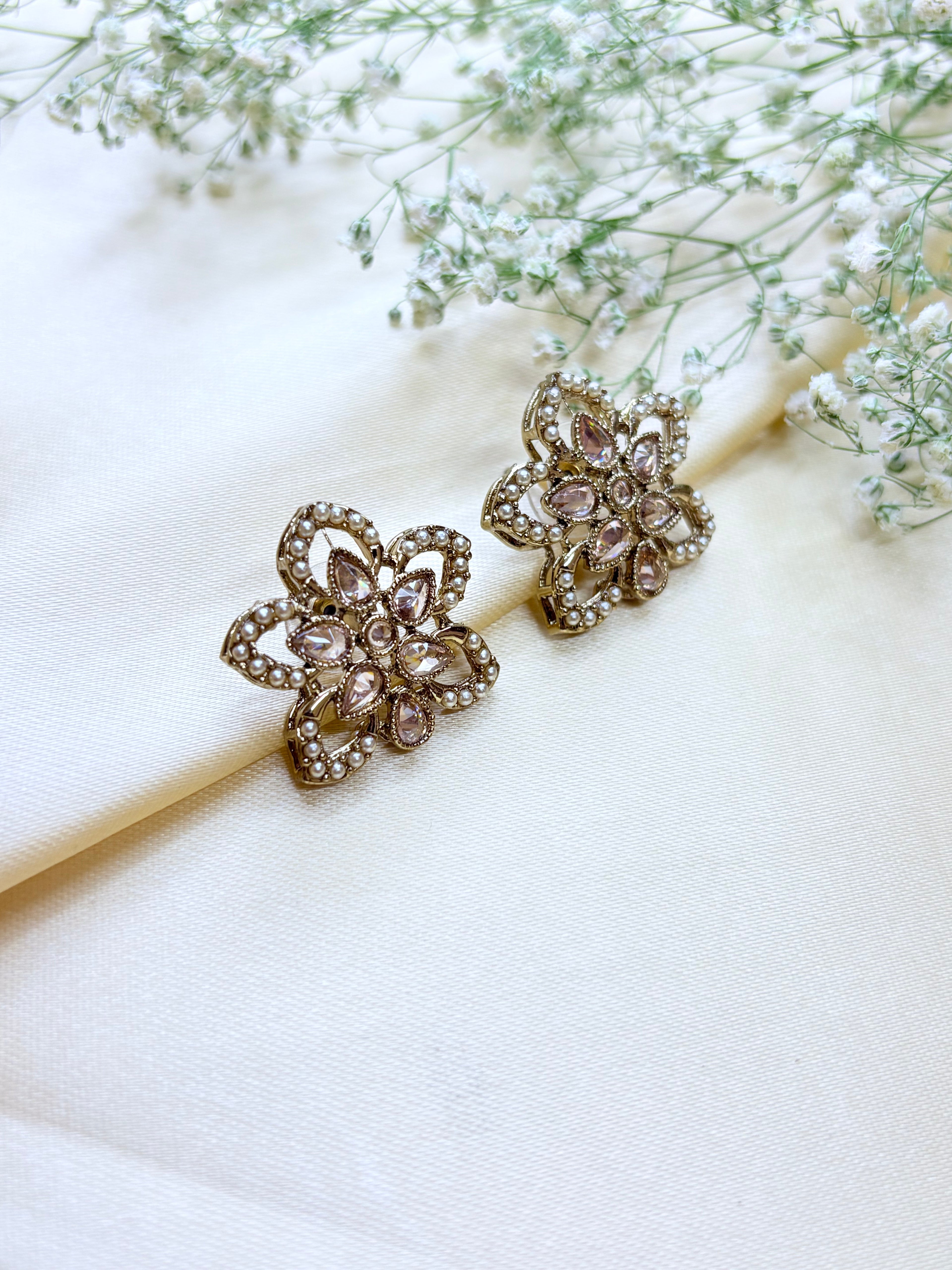 Gold Plated Kundan and Pearl Flower Stud Earrings