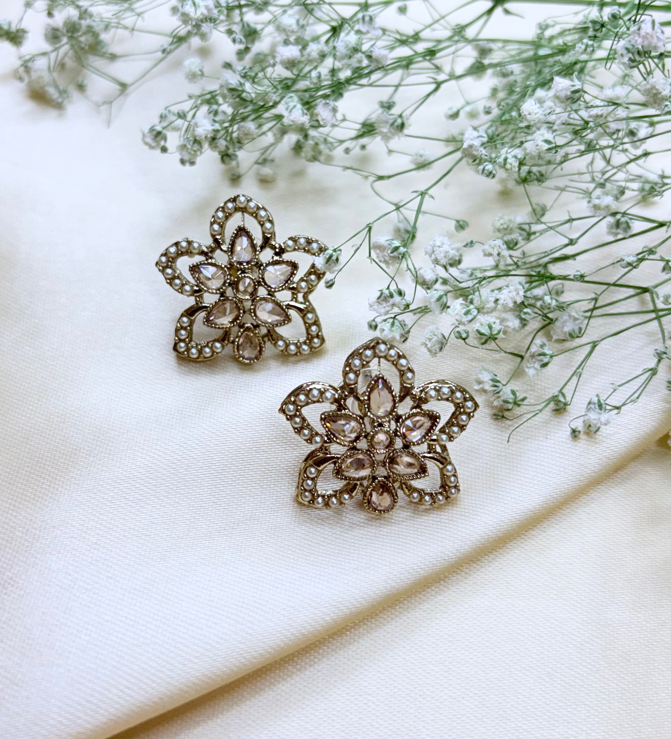 Gold Plated Kundan and Pearl Flower Stud Earrings