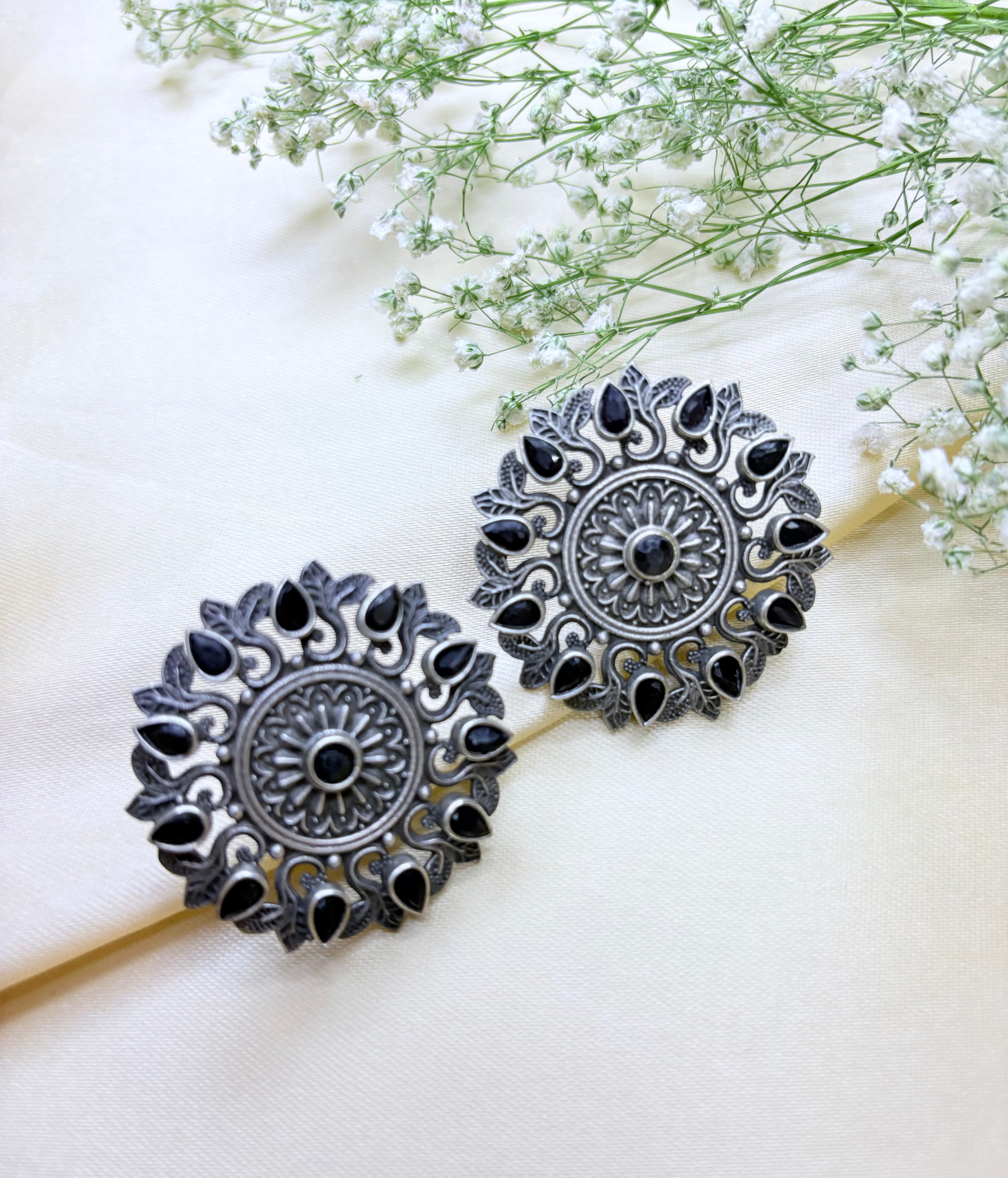 Oxidised Silver Black and Navy Blue Stone Floral Stud Earrings