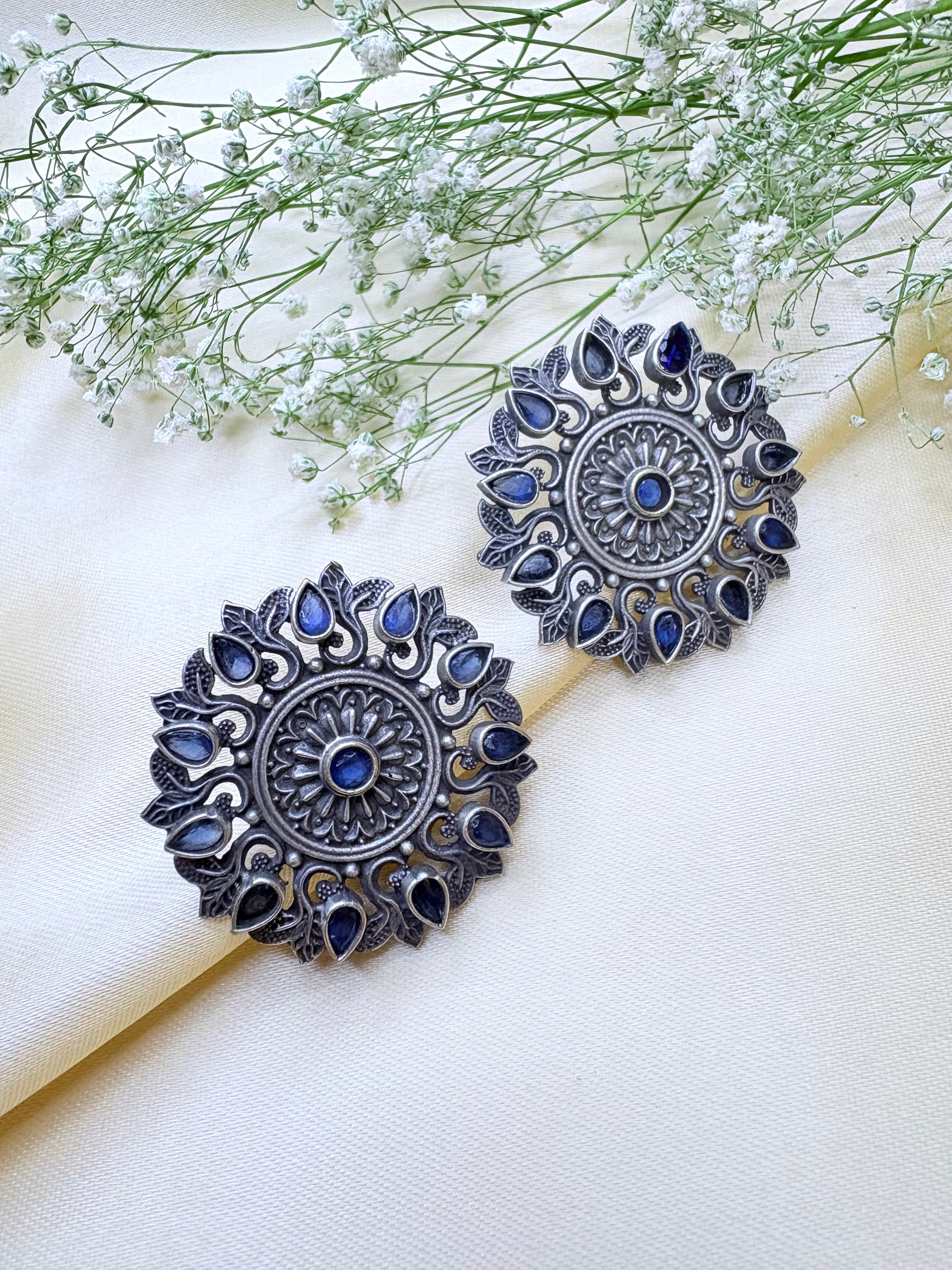 Oxidised Silver Black and Navy Blue Stone Floral Stud Earrings
