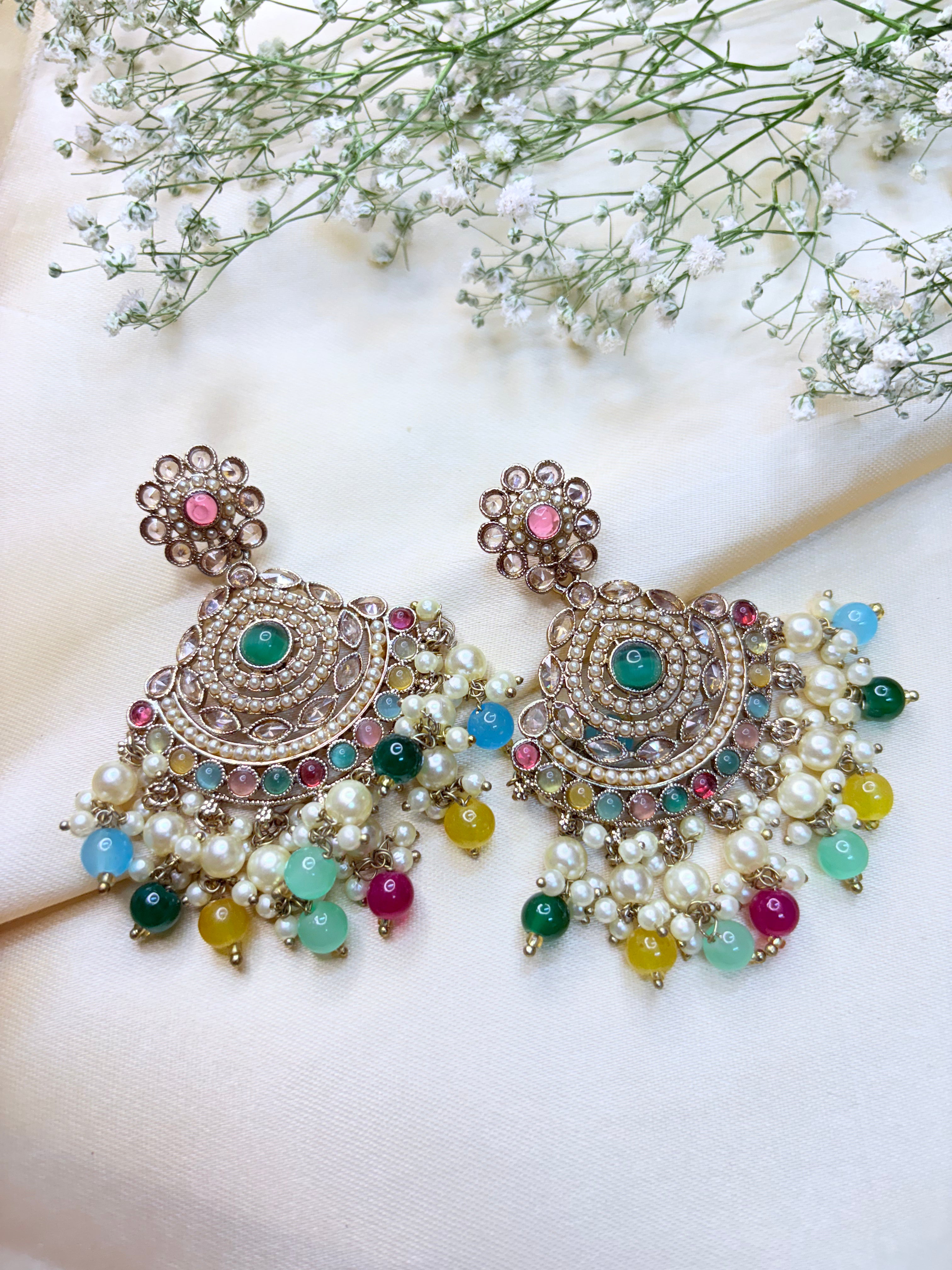 Ethnic Bridal Pearl & Multicolor Stone Chandbali Earrings
