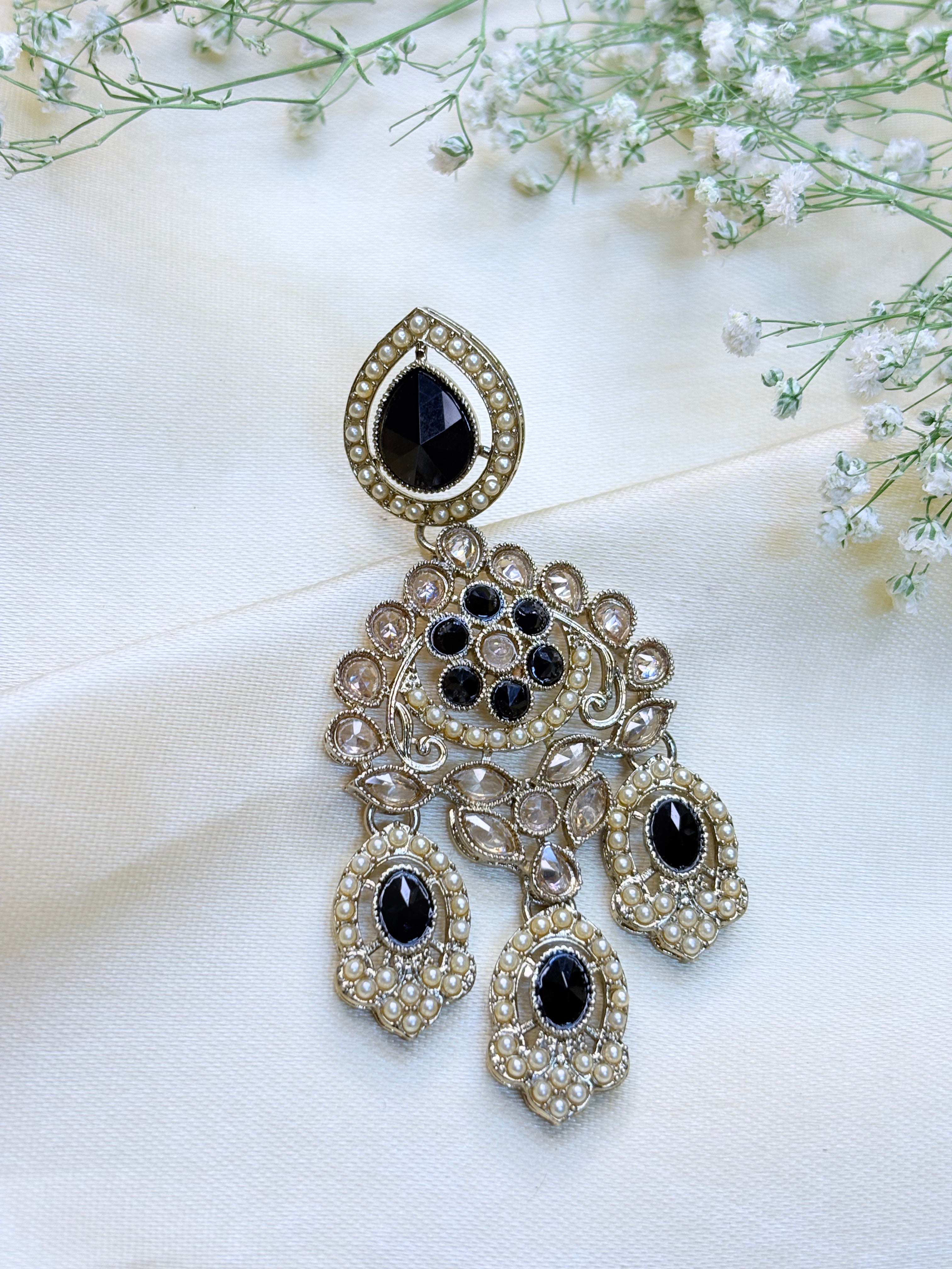 Pastel Shade and Black Stone Kundan Chandbali Earrings