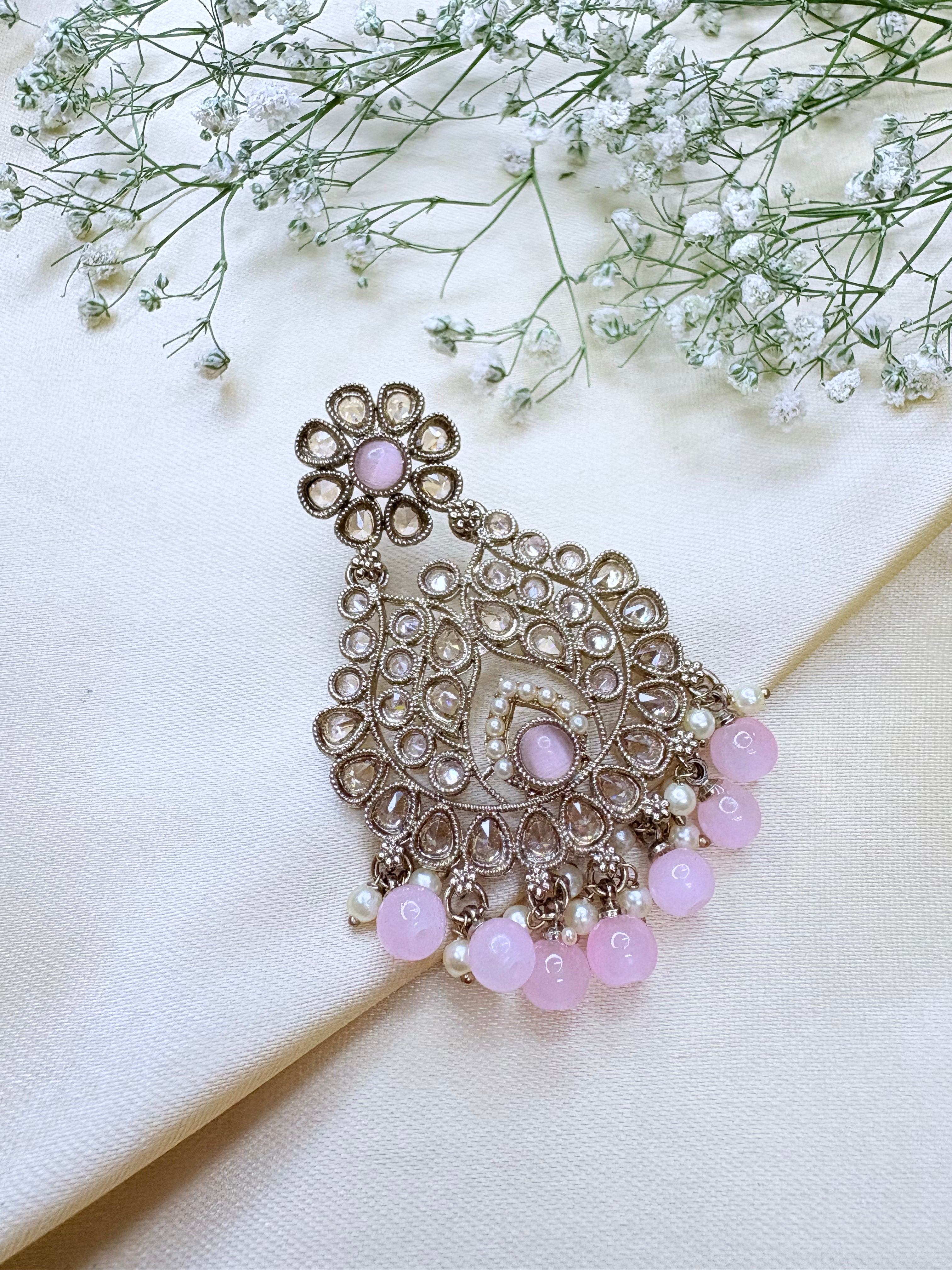 Kundan Floral Chandbali Earrings with Beads – Pink & Red Stone Dangle Earrings