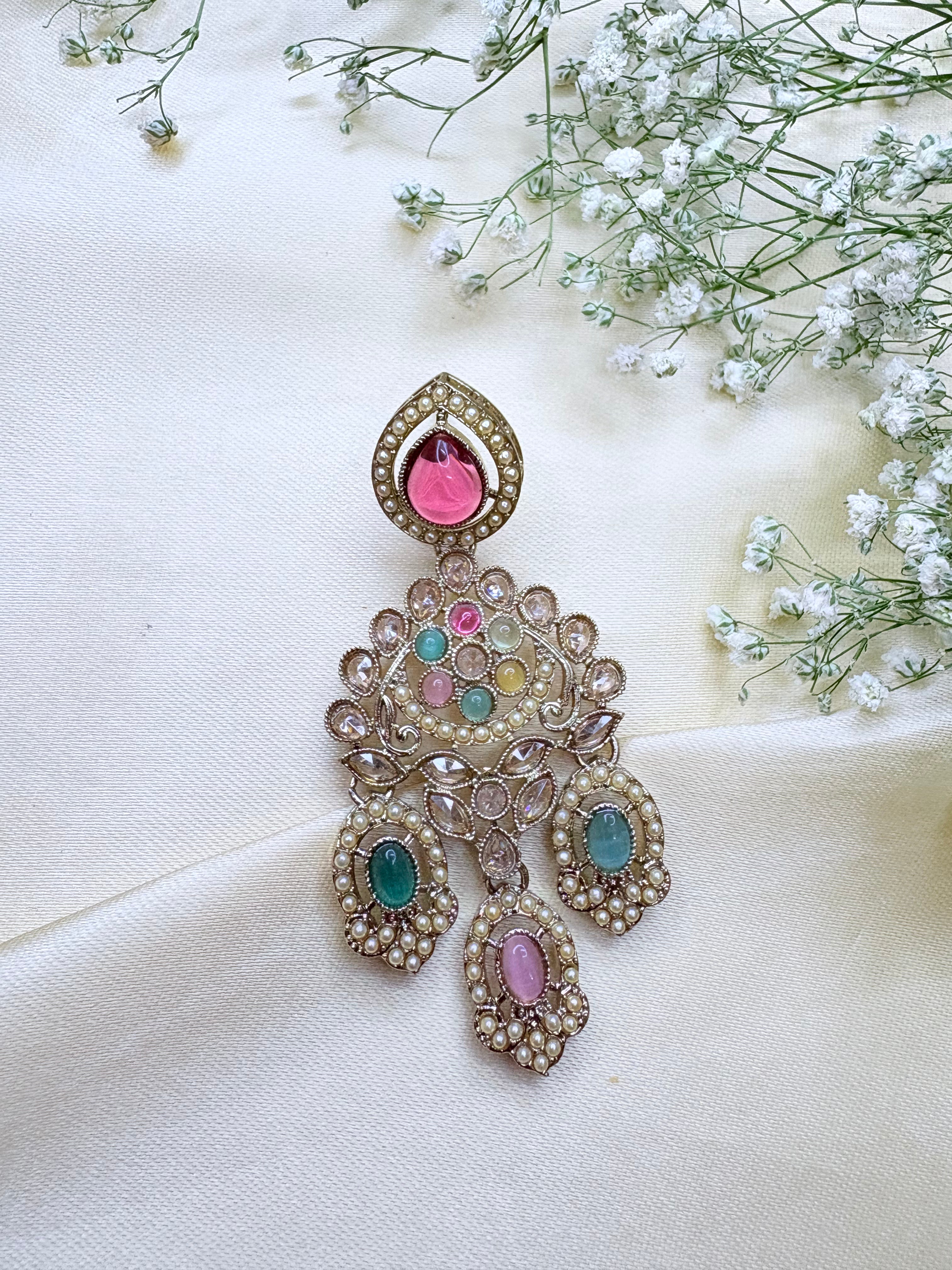 Pastel Shade and Black Stone Kundan Chandbali Earrings