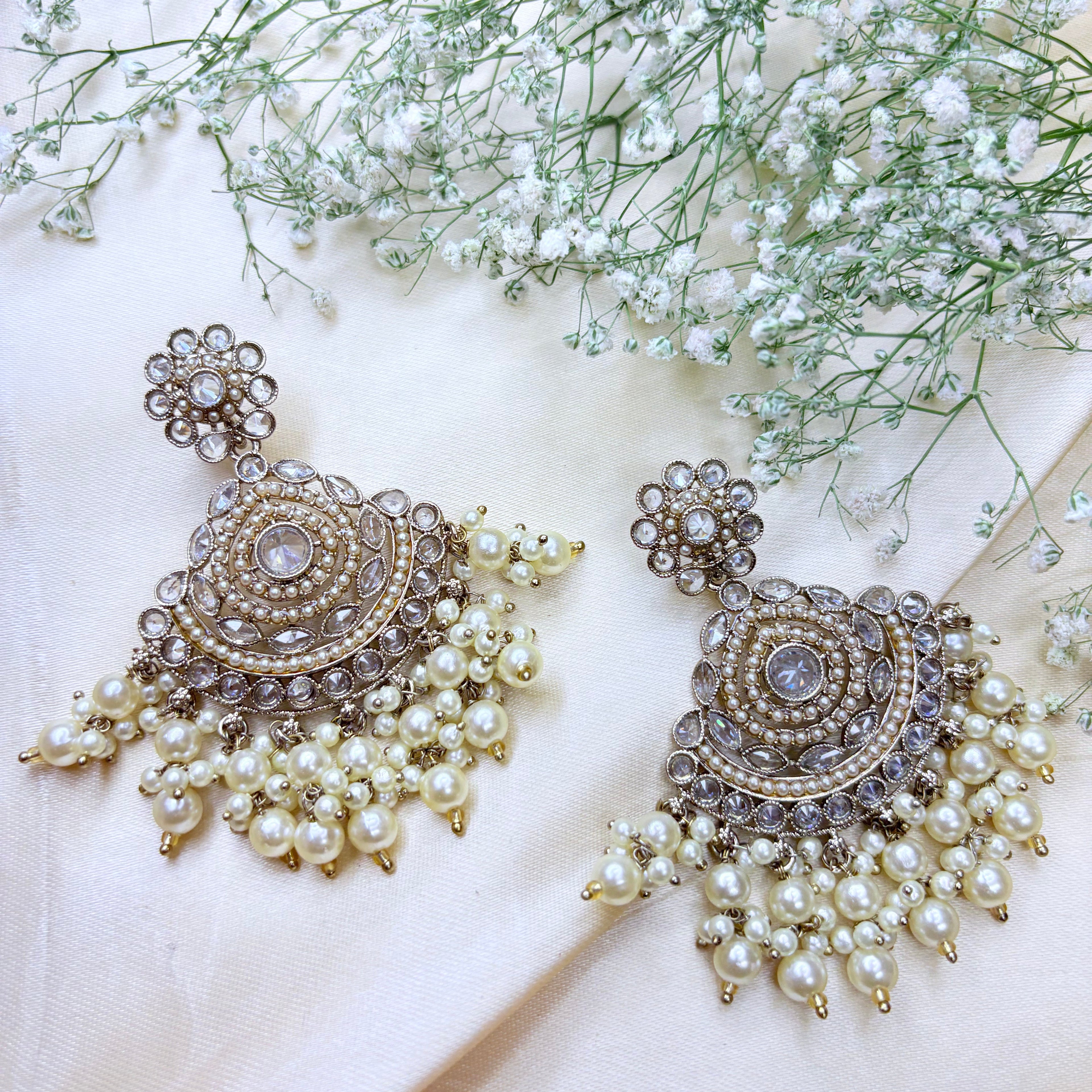 Ethnic Bridal Pearl & Multicolor Stone Chandbali Earrings