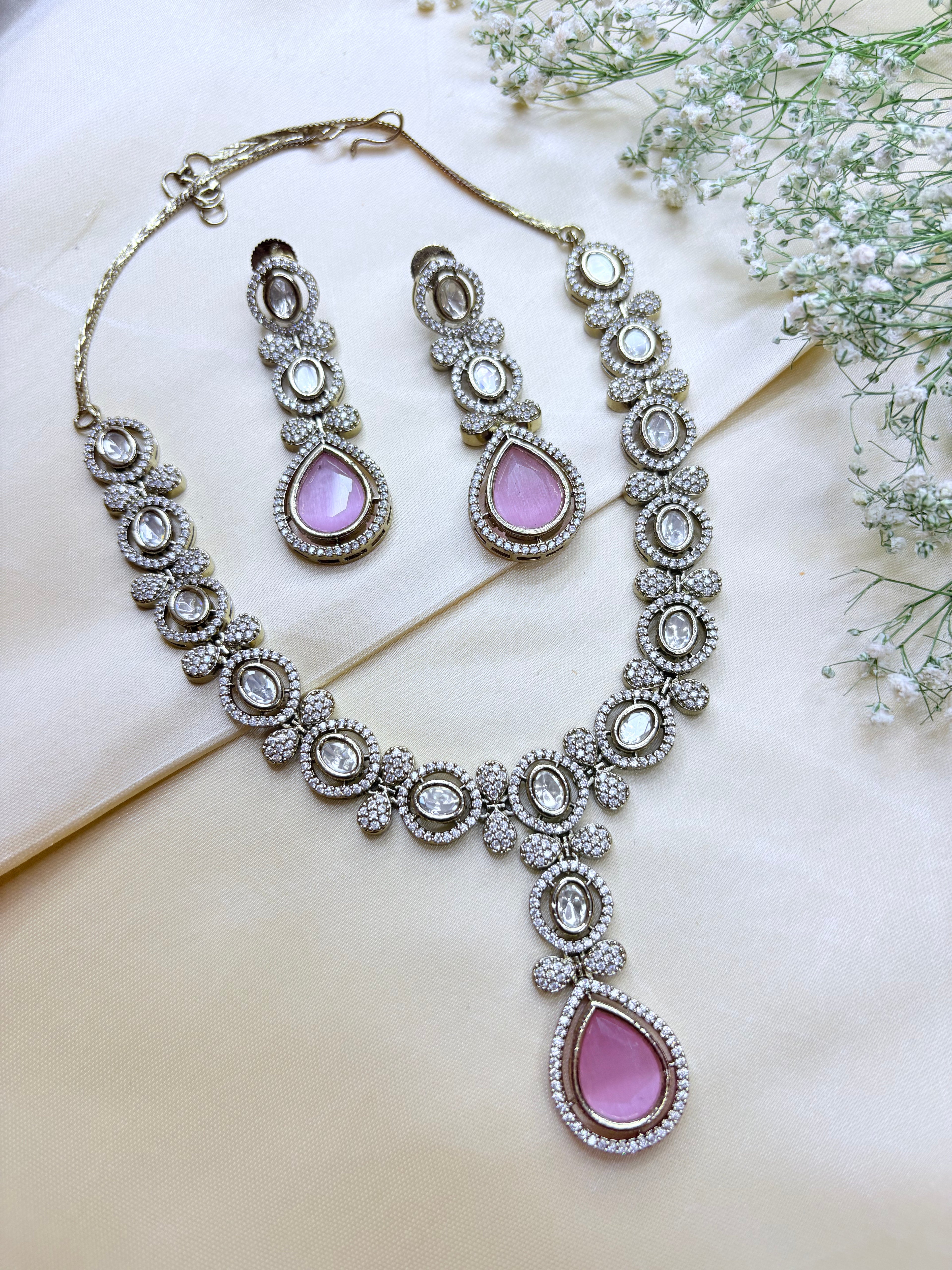 Blush Pink Pear-Shaped Stone Necklace with Dangler Earrings