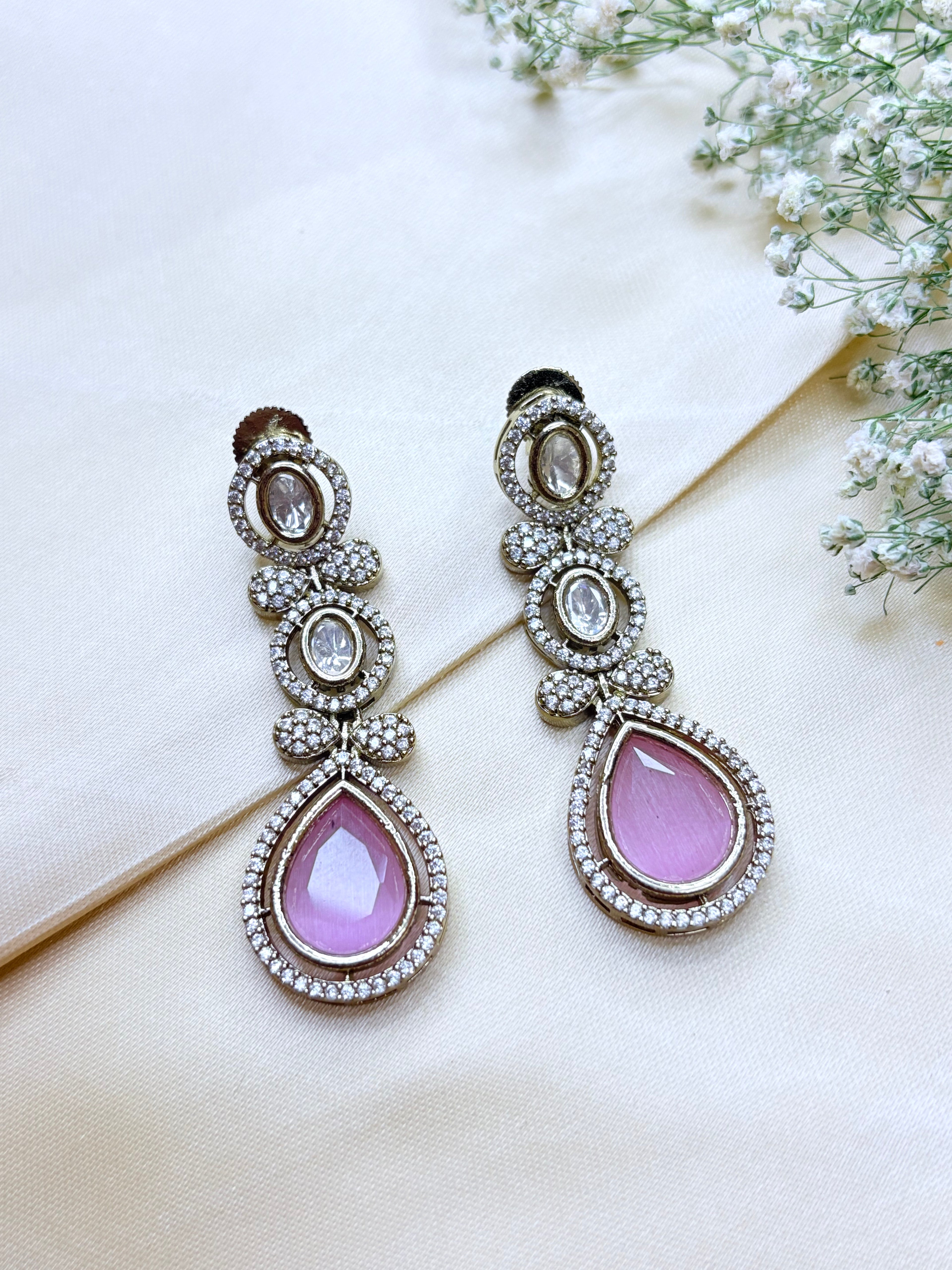 Blush Pink Pear-Shaped Stone Necklace with Dangler Earrings