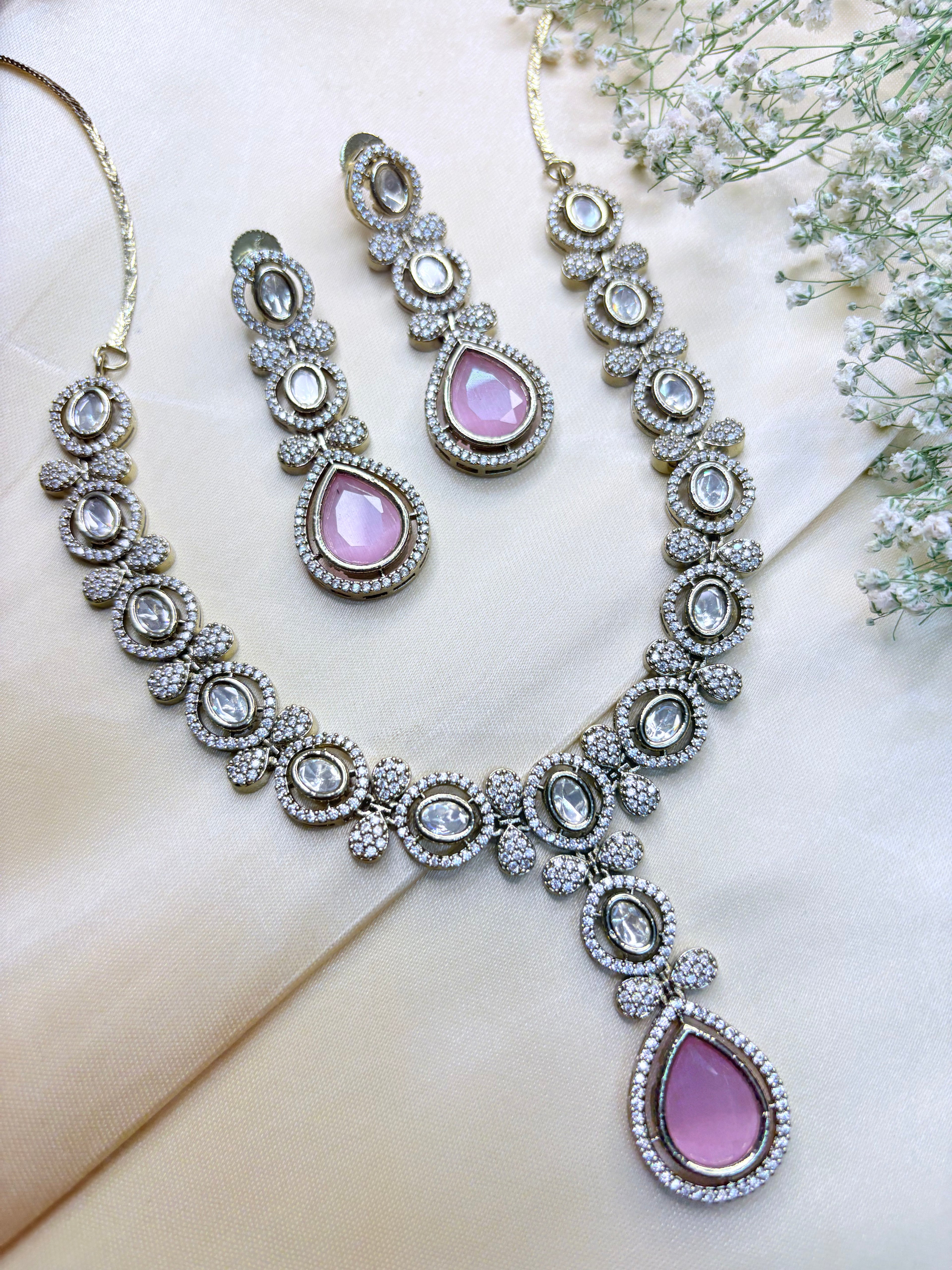 Blush Pink Pear-Shaped Stone Necklace with Dangler Earrings