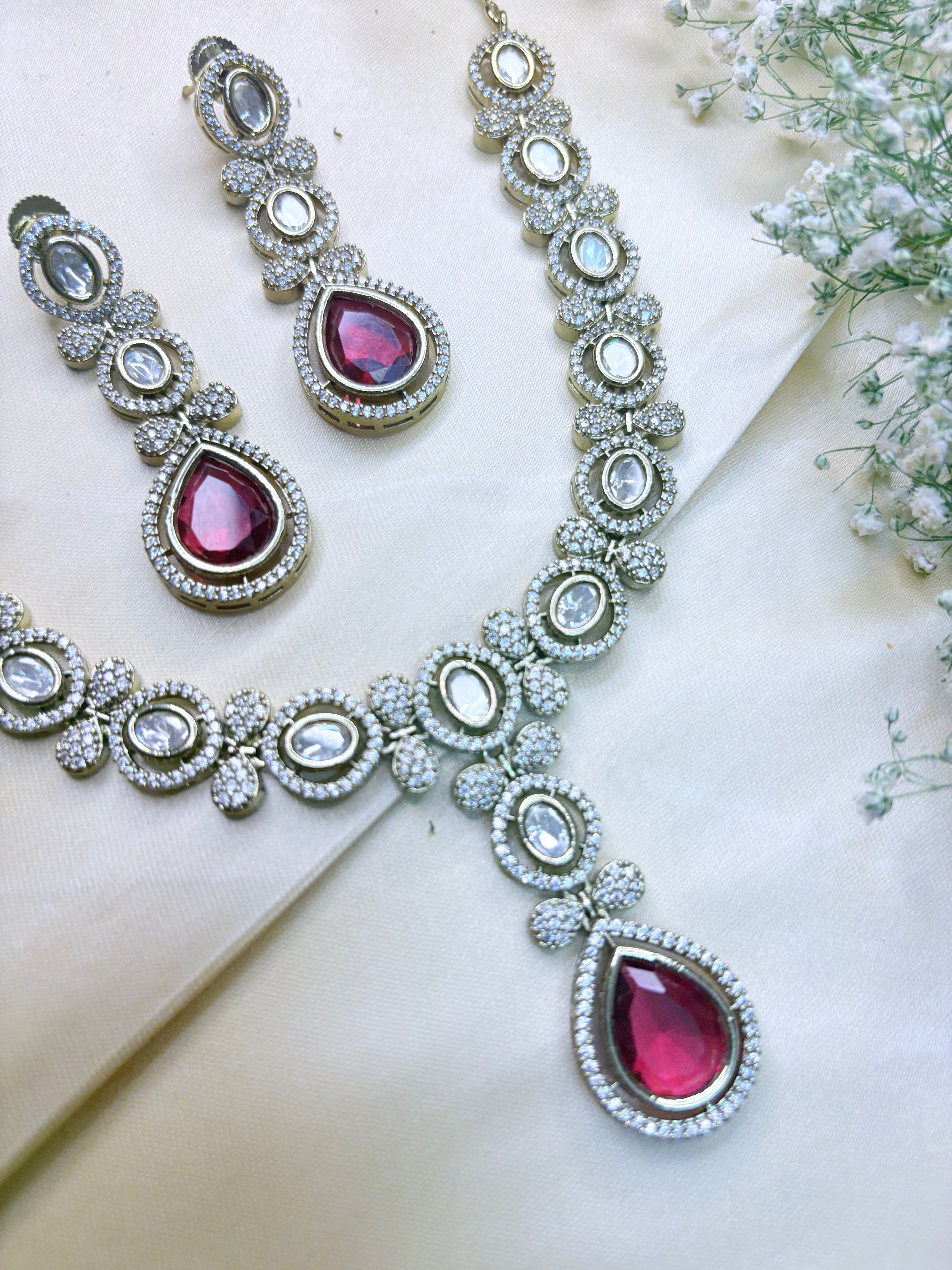 Ruby Red Pear-Shaped Stone Necklace with Dangler Earrings