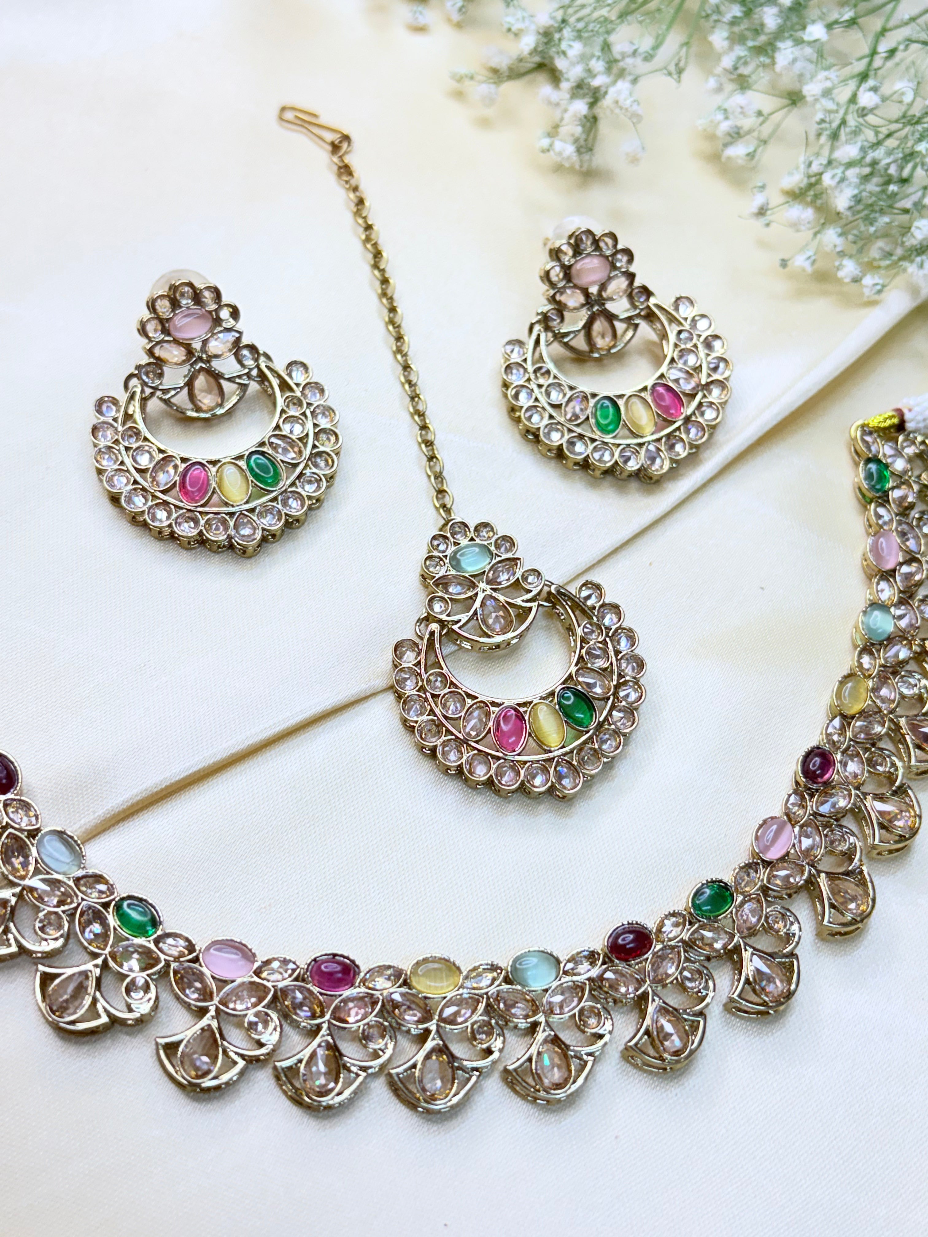 Traditional Indian Ethnic Jewelry Set with Multicolored Stones