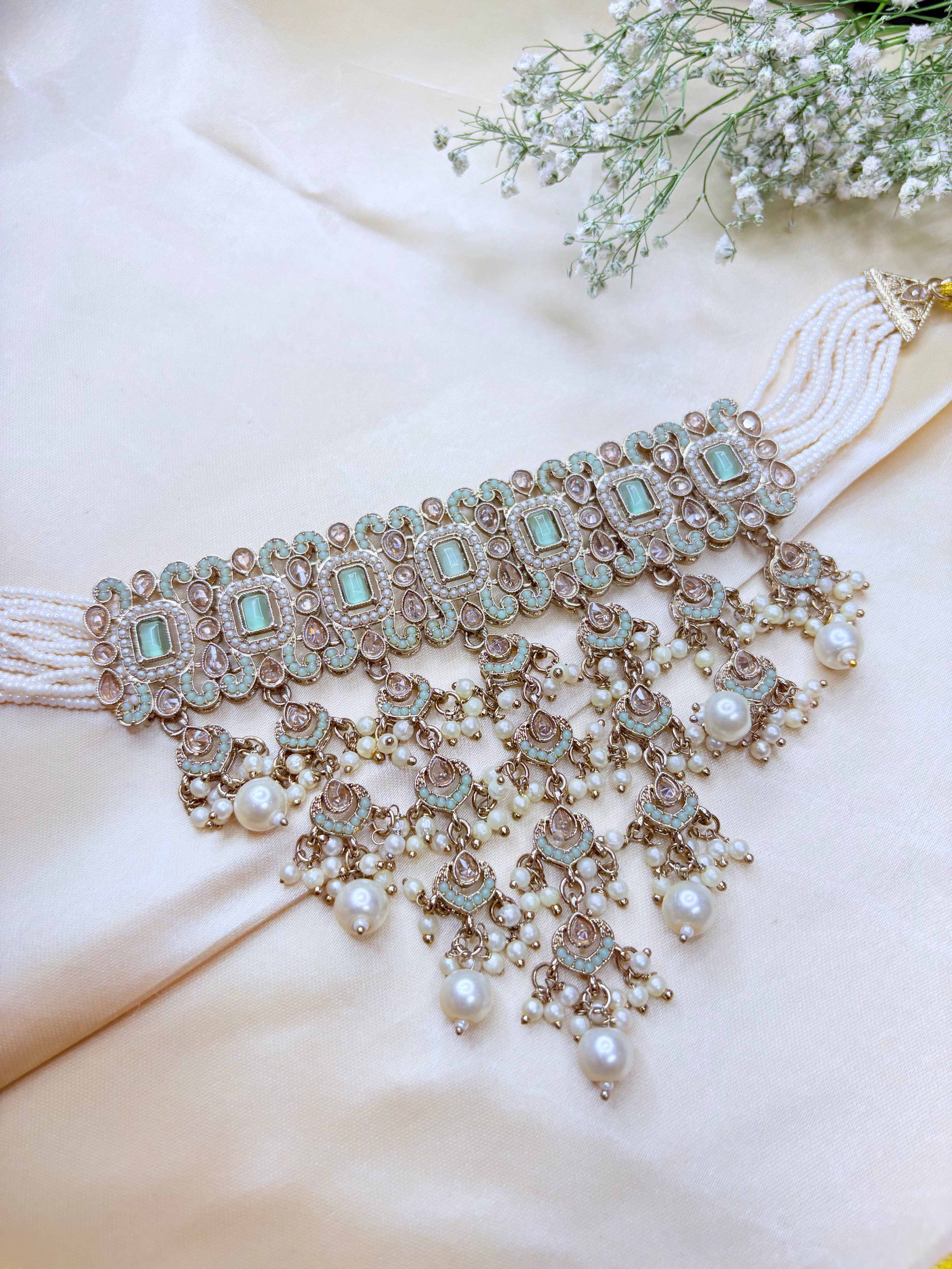 Mint Green Kundan Choker Necklace Set