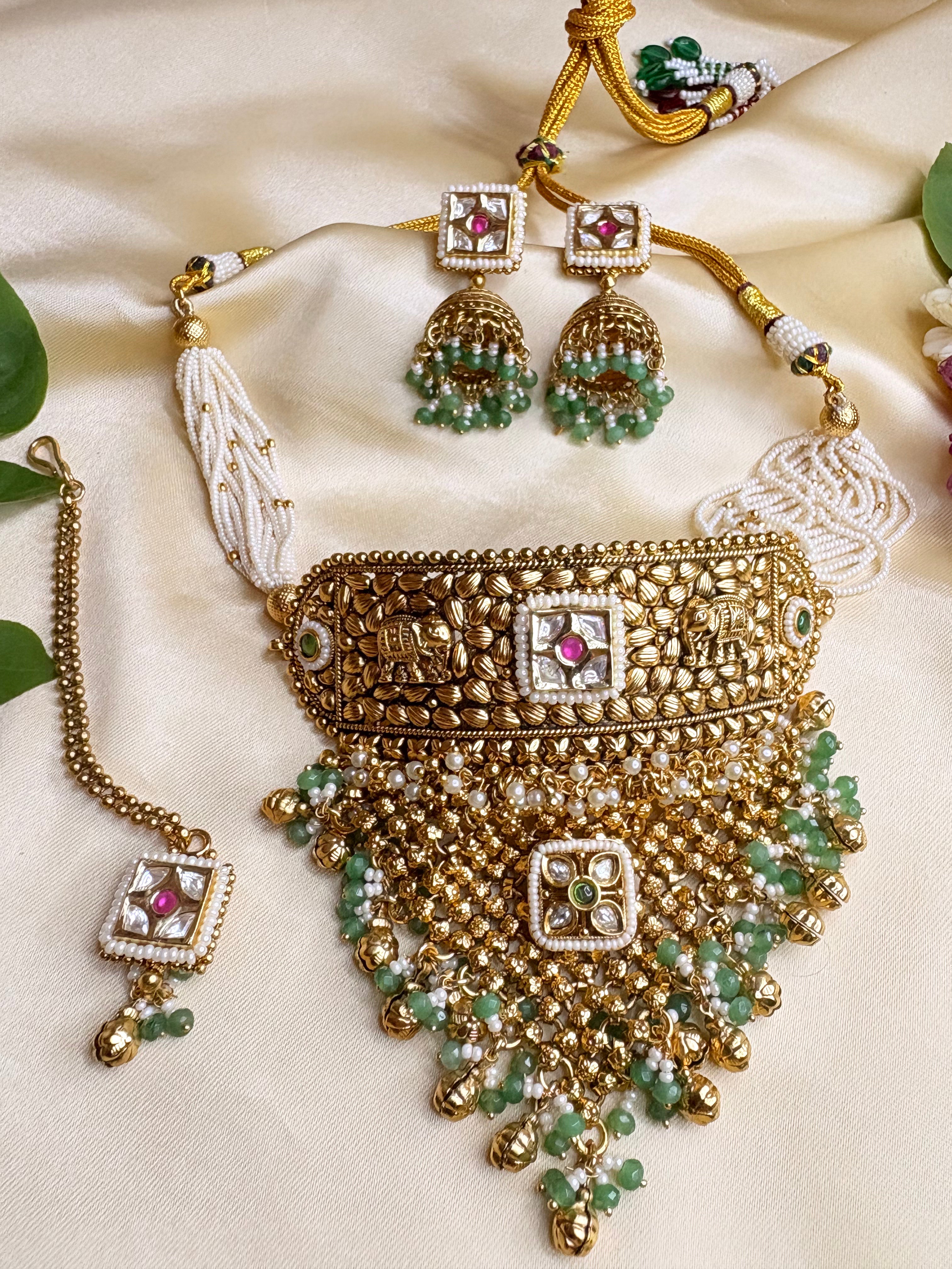 Antique Gold Choker, Earrings & Maang Tikka