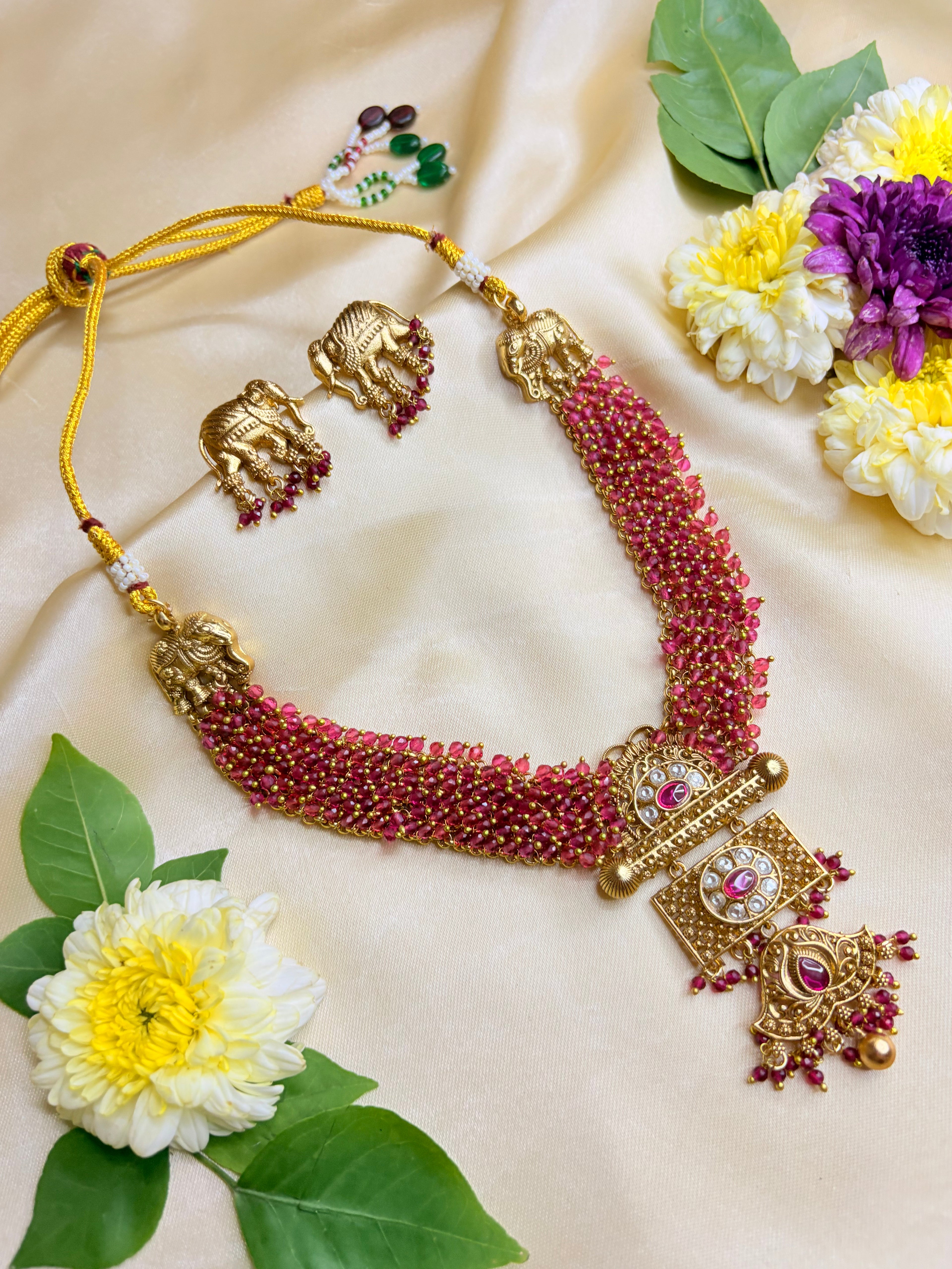 Gold and Ruby Beaded Elephant Pendant Necklace Set